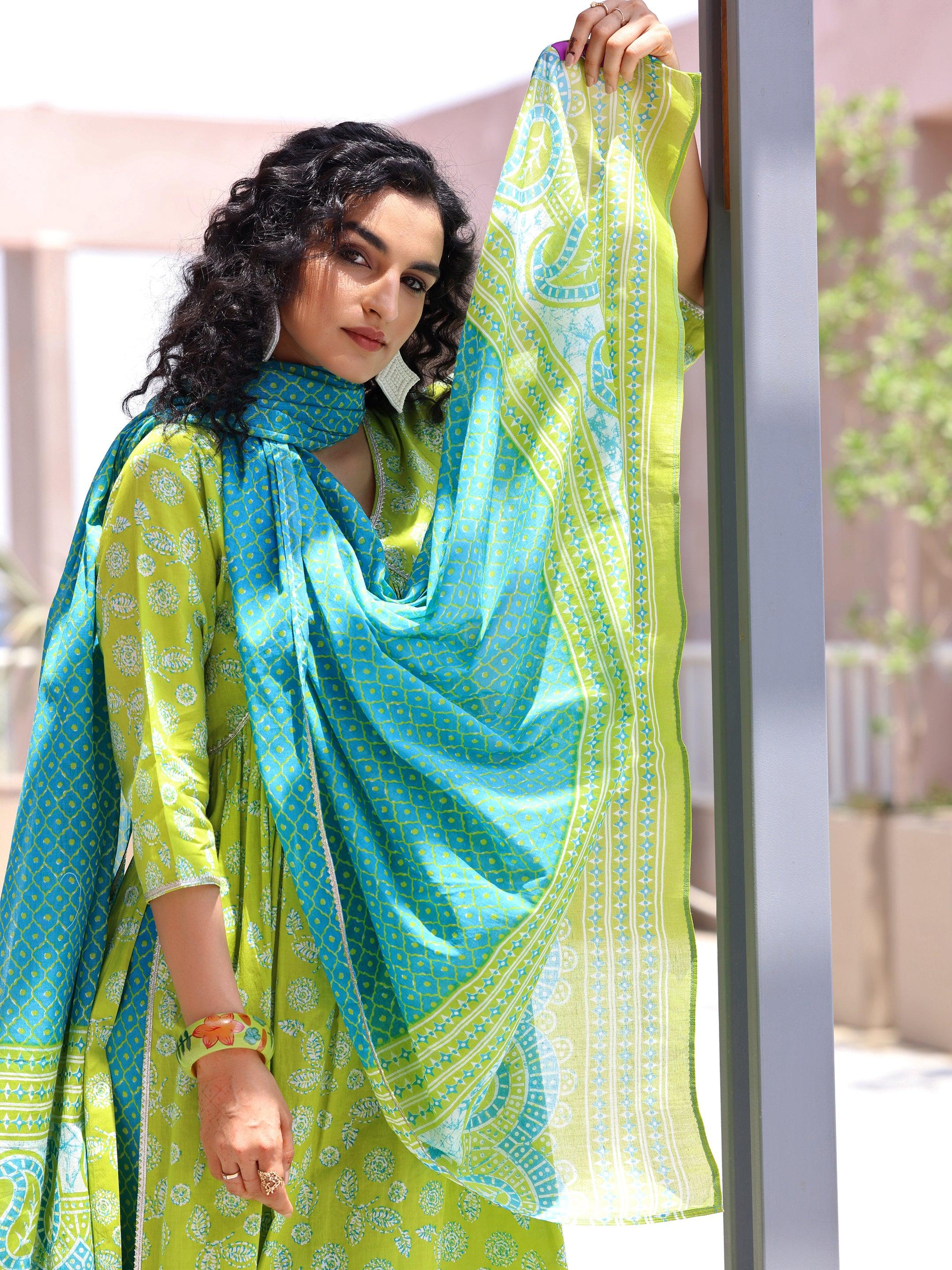 Green Printed Cotton A-Line Kurta With Palazzos & Dupatta