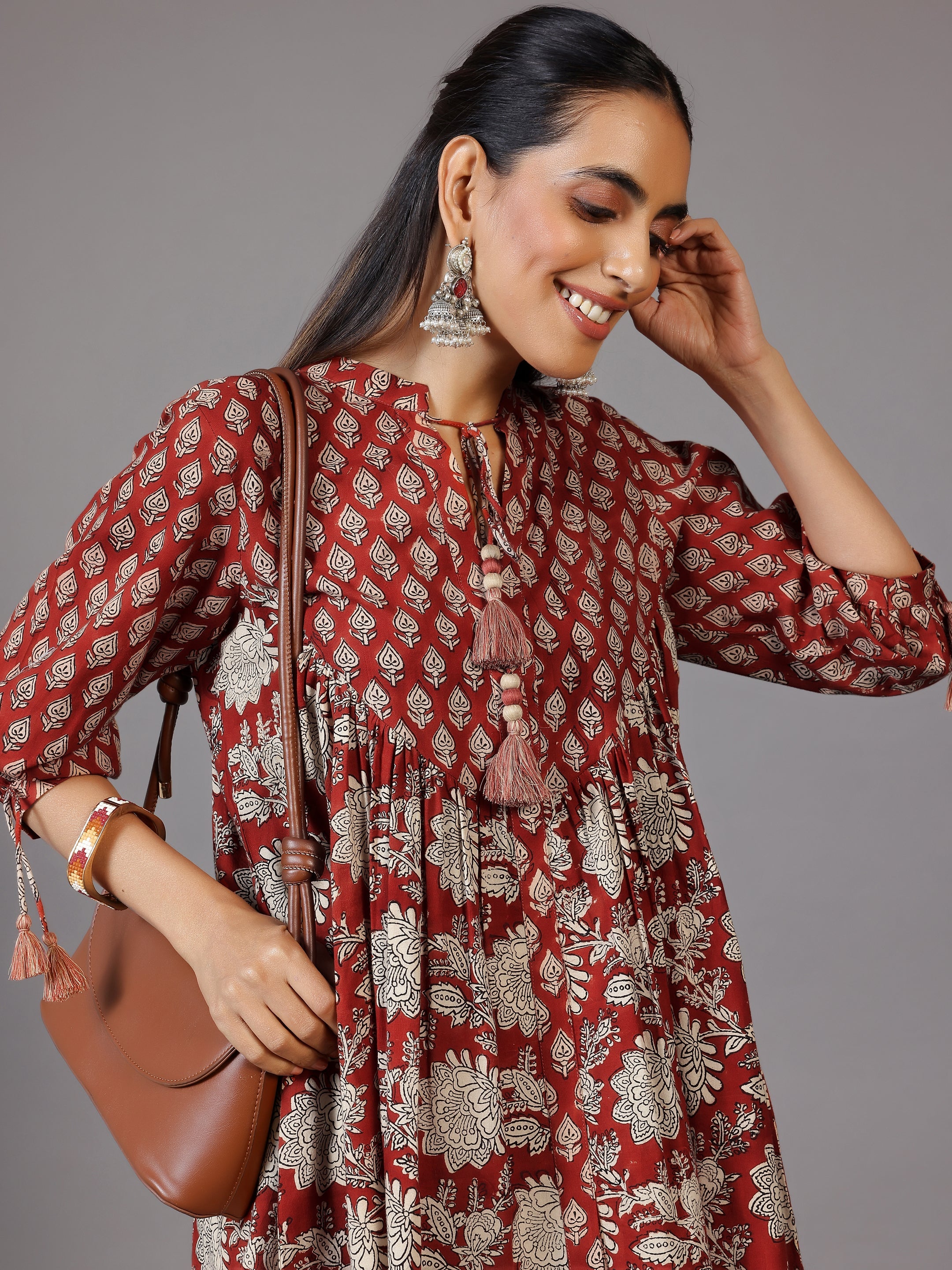 Rust Printed Cotton A-Line Kurti