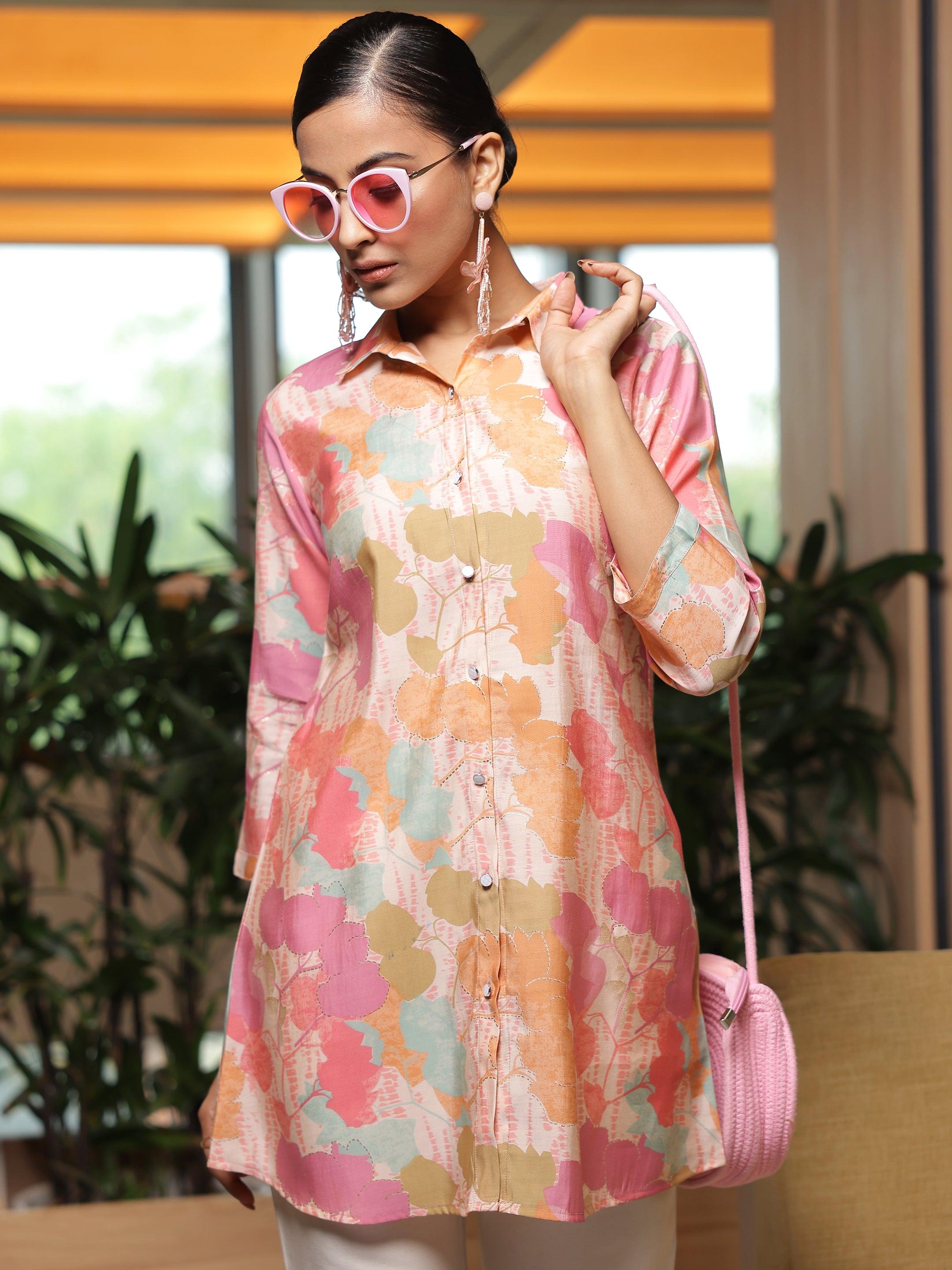 Pink Printed Silk Blend Straight Kurti