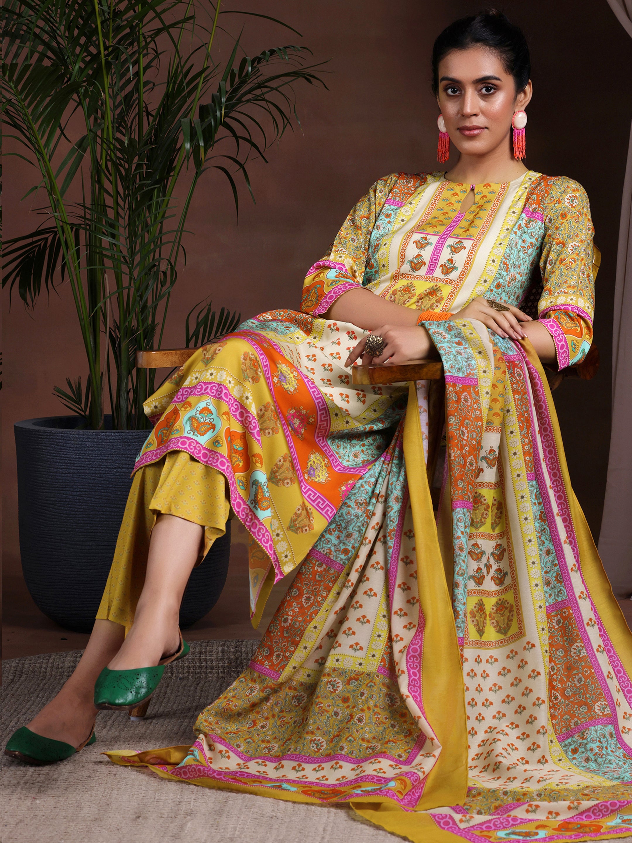 Mustard Printed Poly Crepe Straight Suit With Dupatta