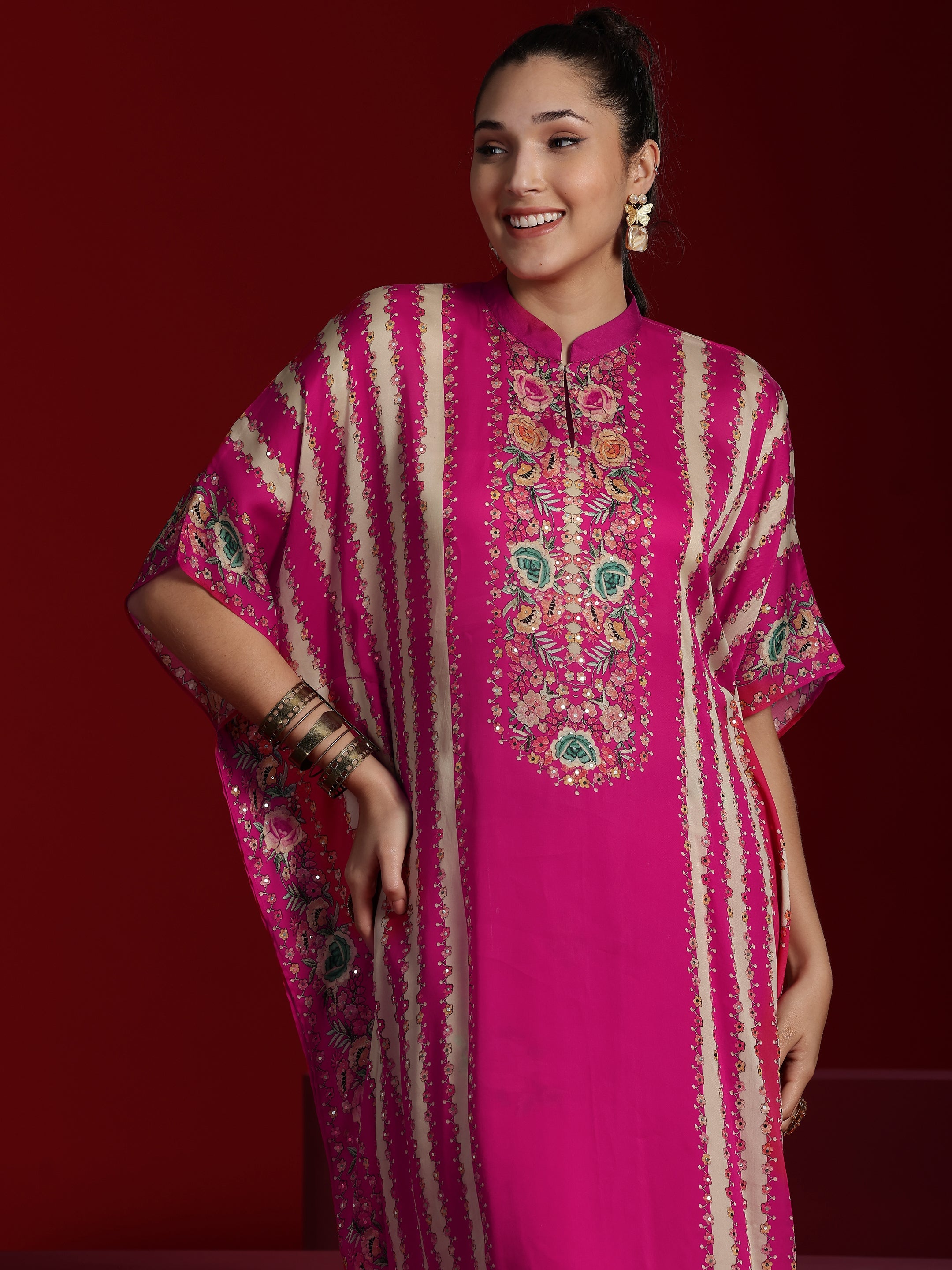 Libas Art Pink Printed Silk Blend Kaftan Kurta With Palazzo