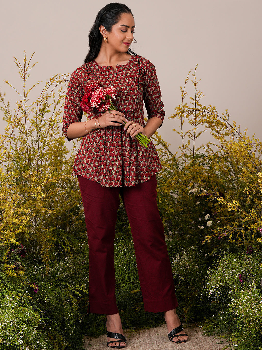 Maroon Printed Cotton A-Line Kurti