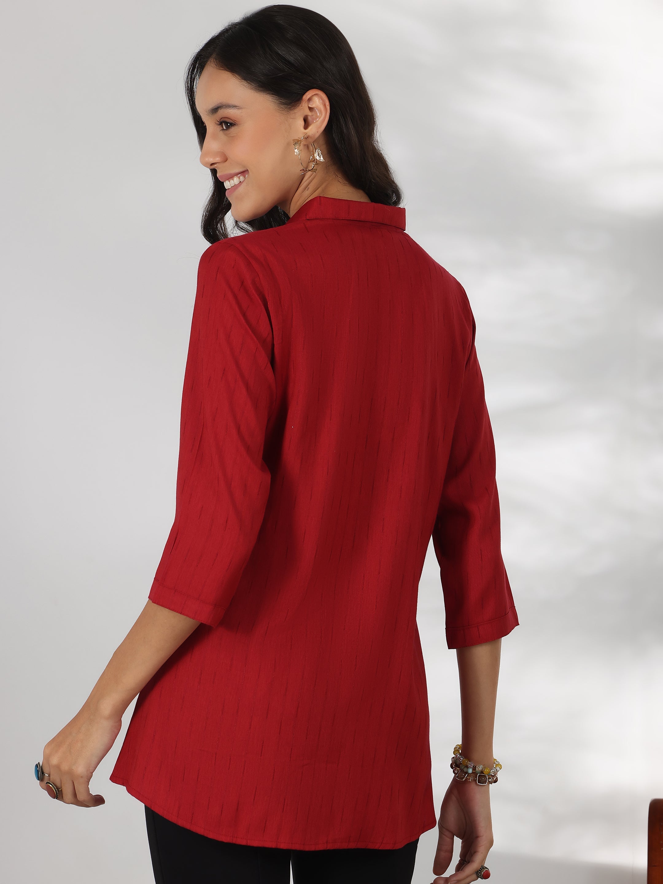 Red Self Design Rayon Straight Tunic