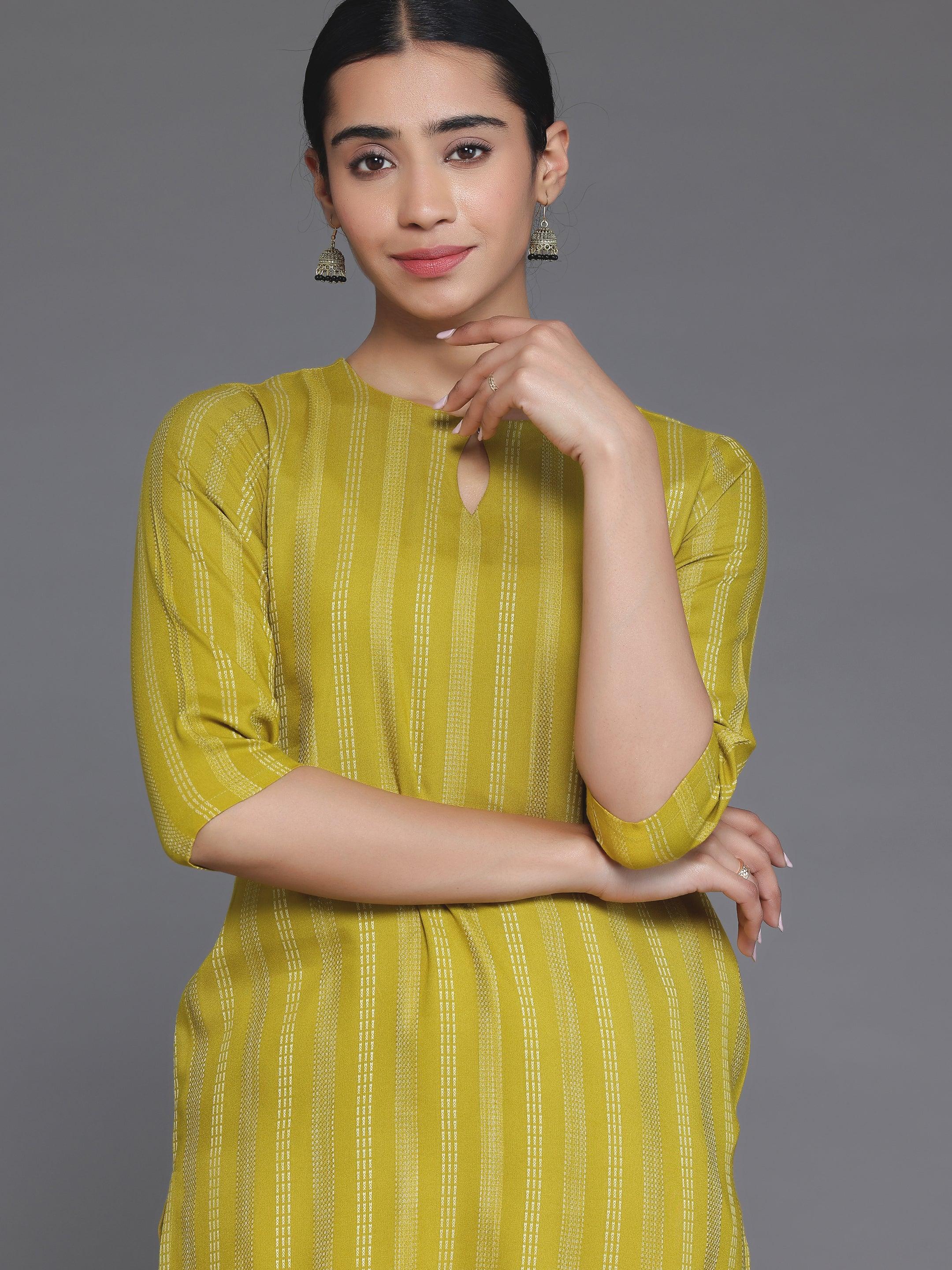 Mustard Striped Rayon Straight Kurta