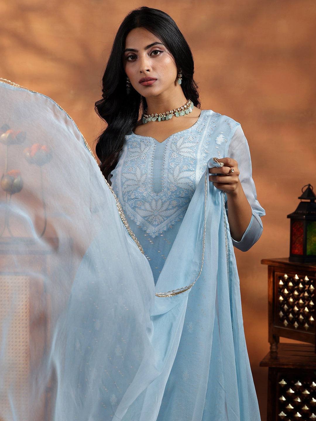 Blue Embroidered Organza Straight Suit With Dupatta