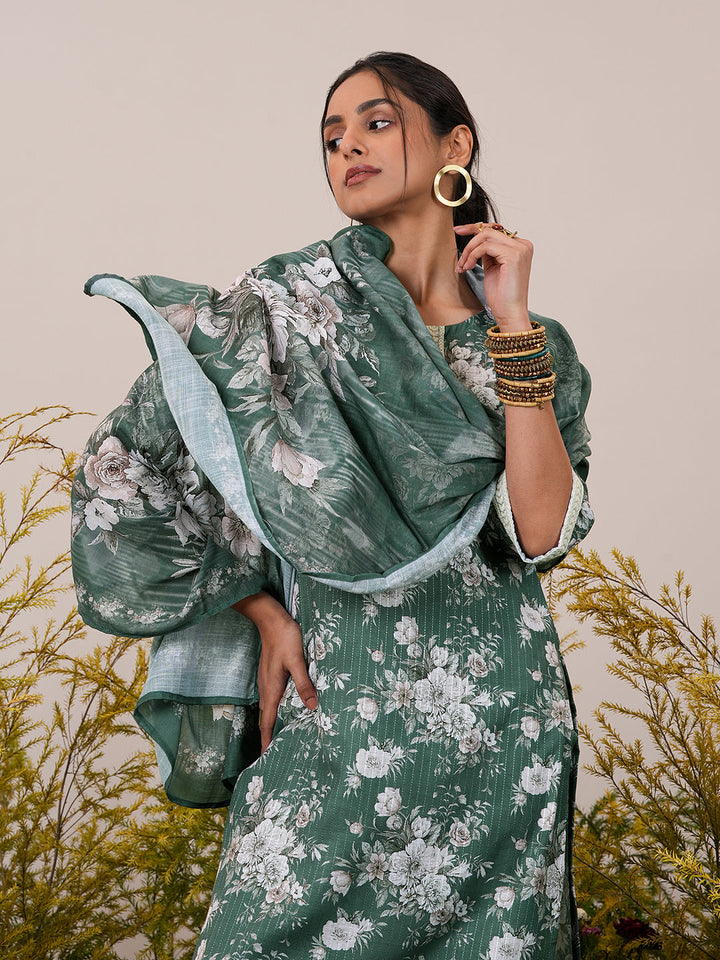 Green Printed Cotton Straight Kurta With Palazzos & Dupatta - ShopLibas