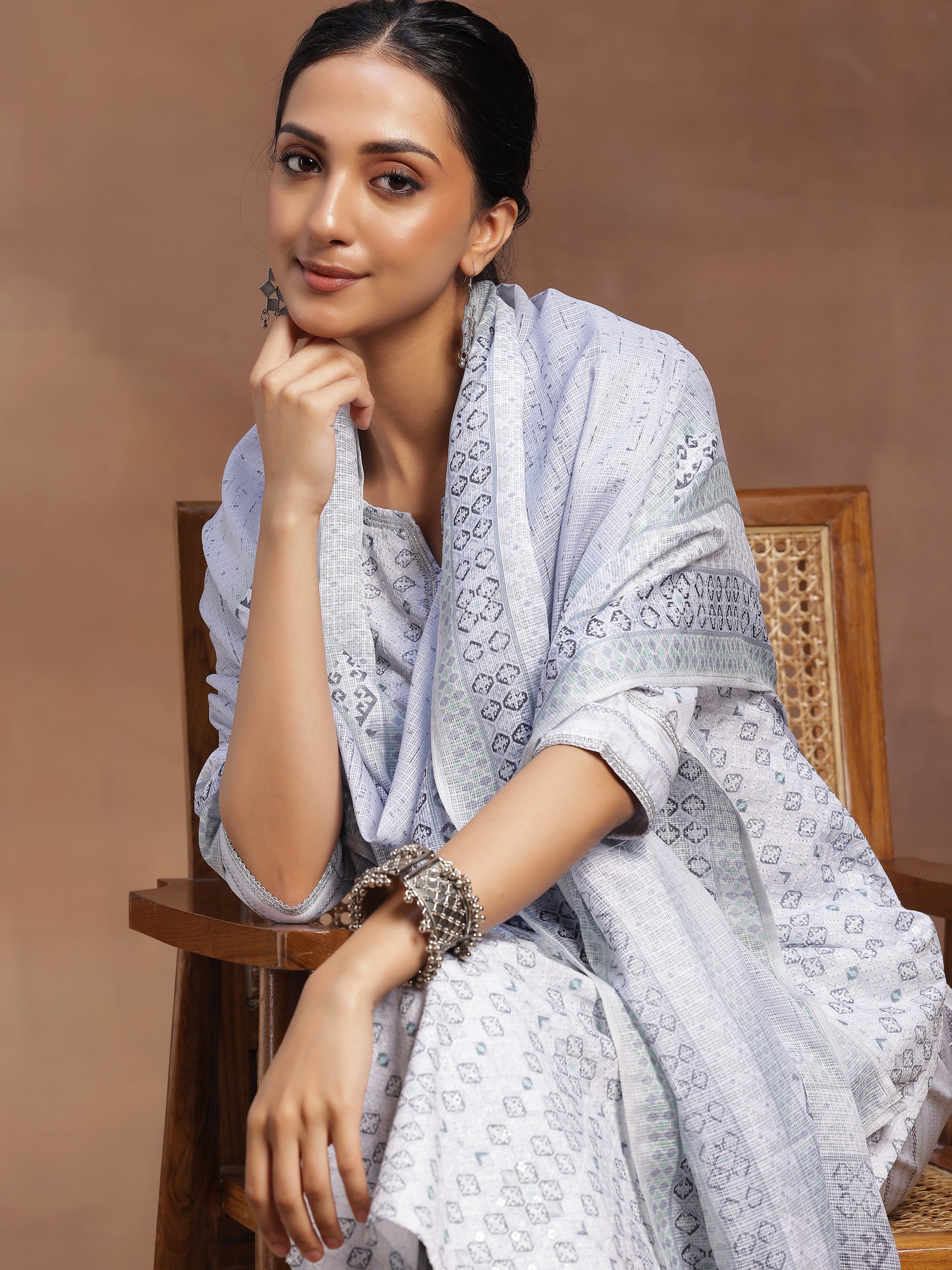 Grey Embroidered Cotton Blend Straight Suit With Dupatta