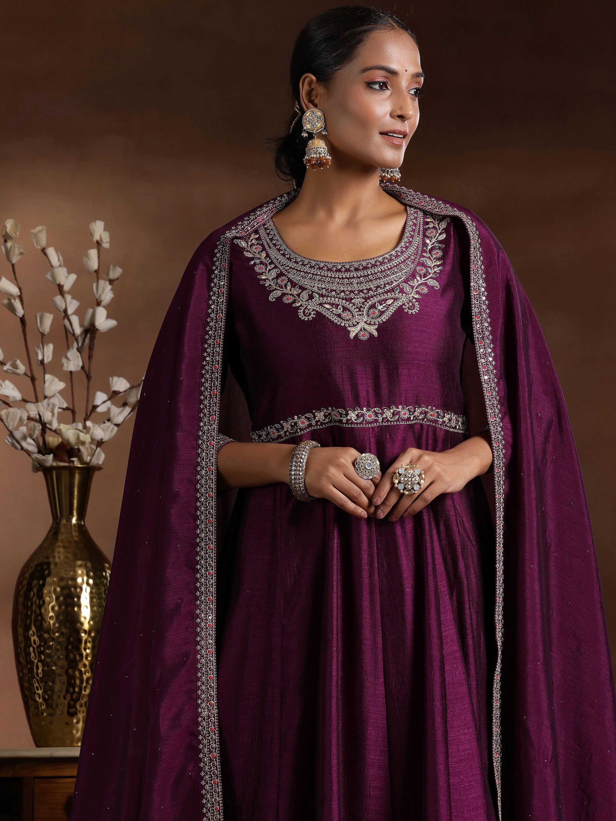 Wine Yoke Design Silk Blend Anarkali Suit With Dupatta