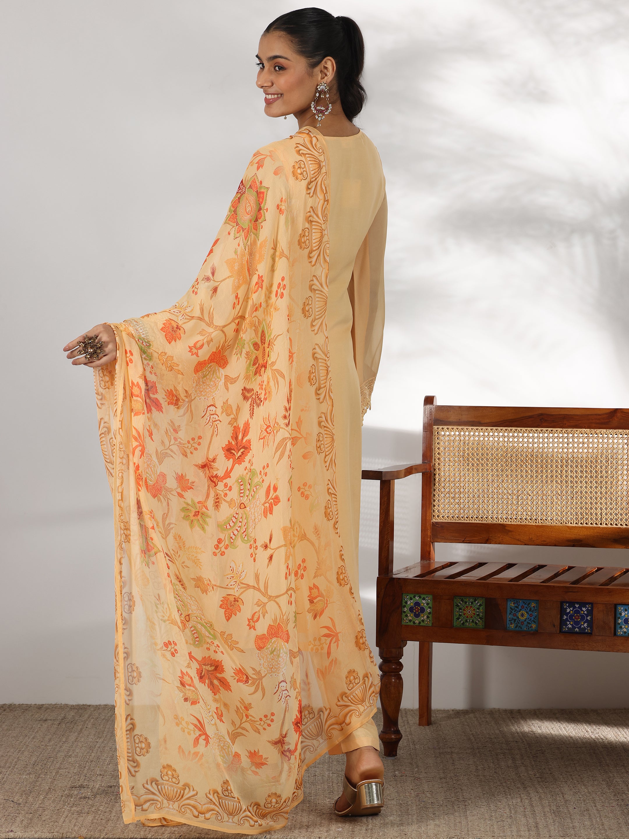 Yellow Embroidered Organza Straight Suit With Dupatta