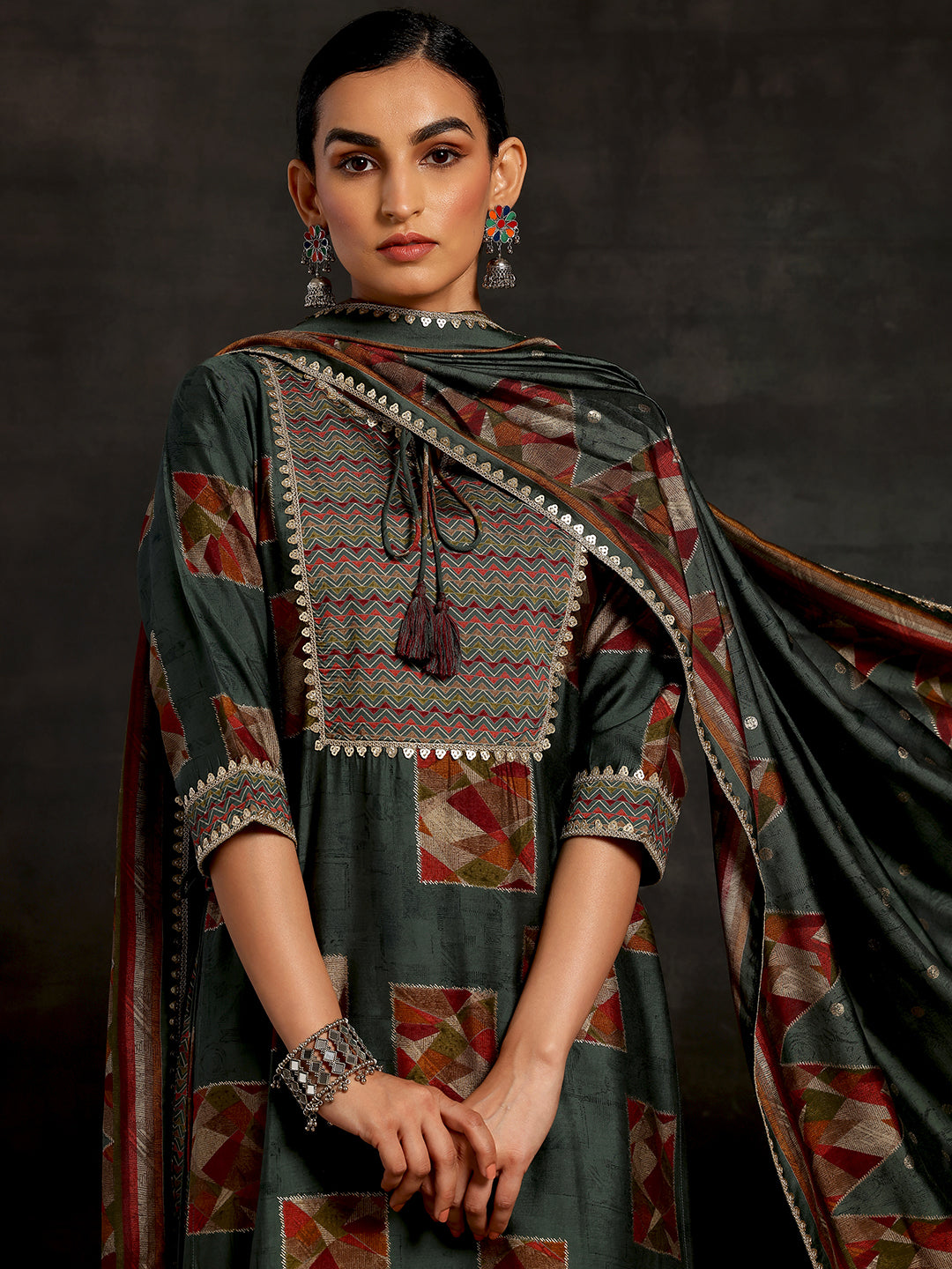 Green Printed Silk Blend Straight Suit With Dupatta