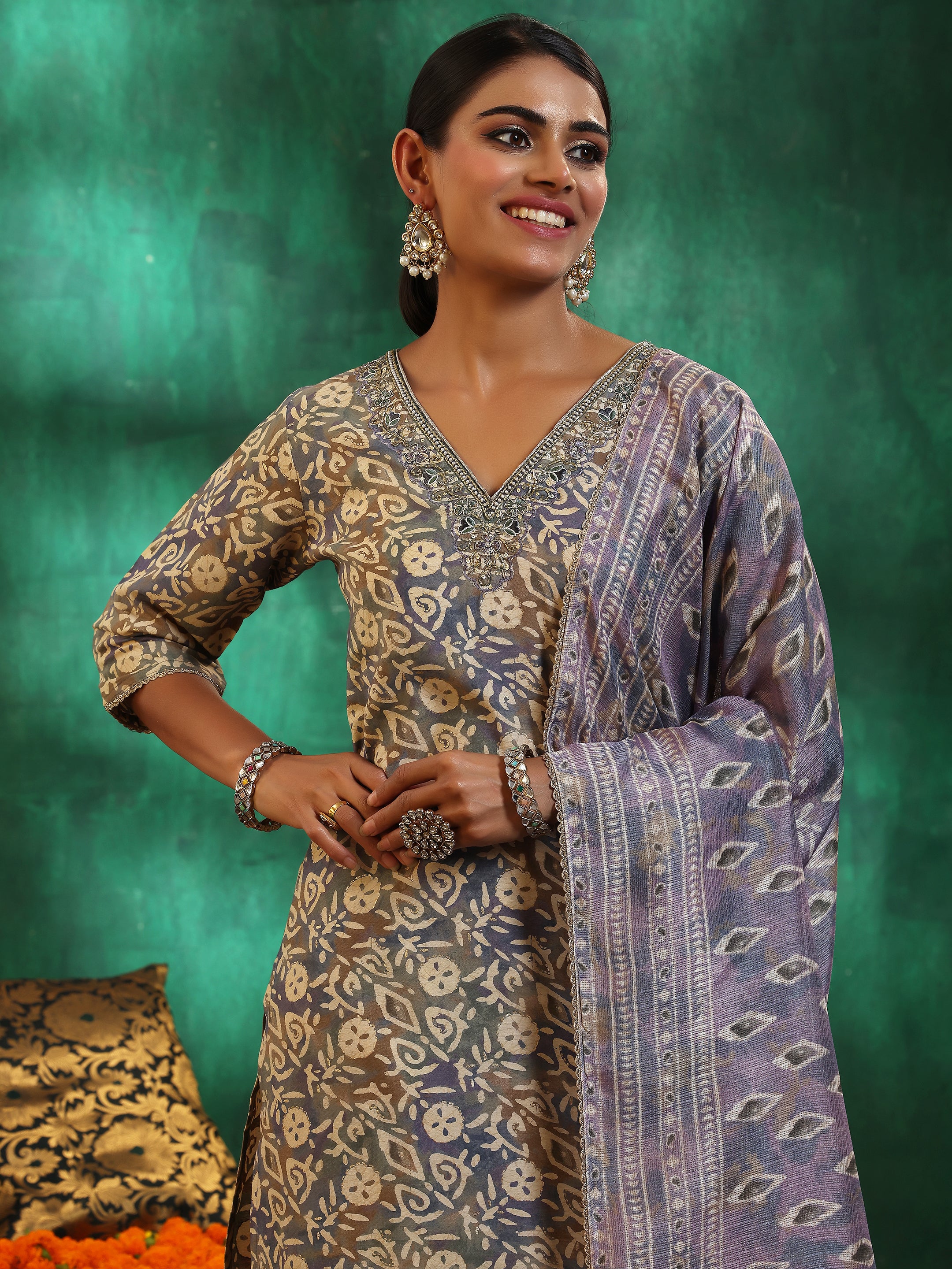 Mauve Printed Silk Blend Straight Suit With Dupatta