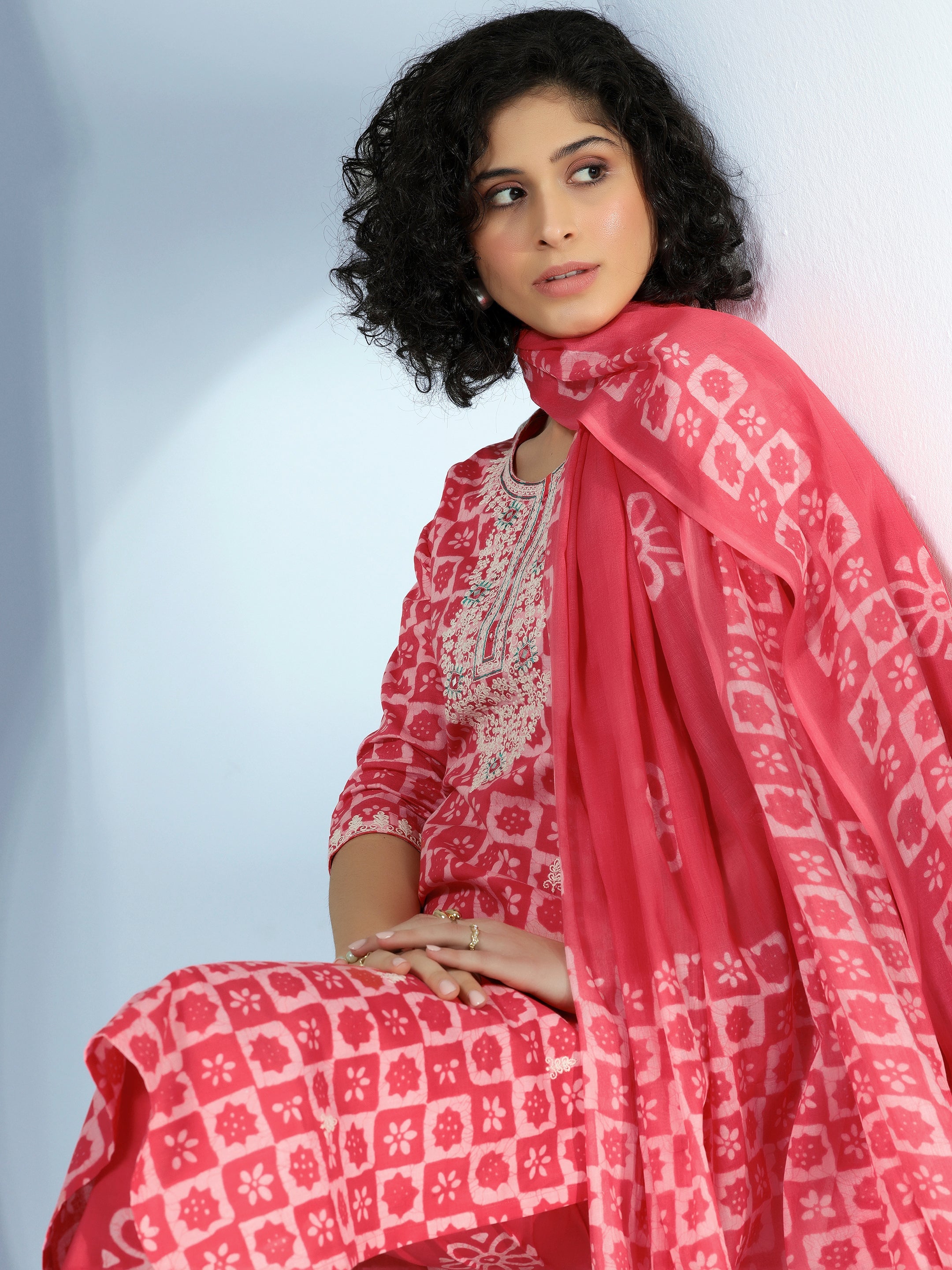 Coral Printed Cotton Straight Suit With Dupatta