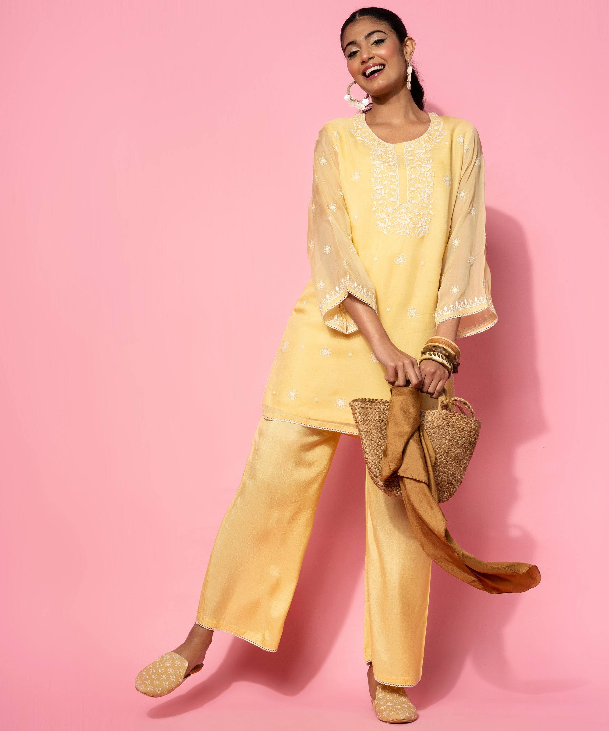 Yellow Embroidered Silk Blend Co-Ords