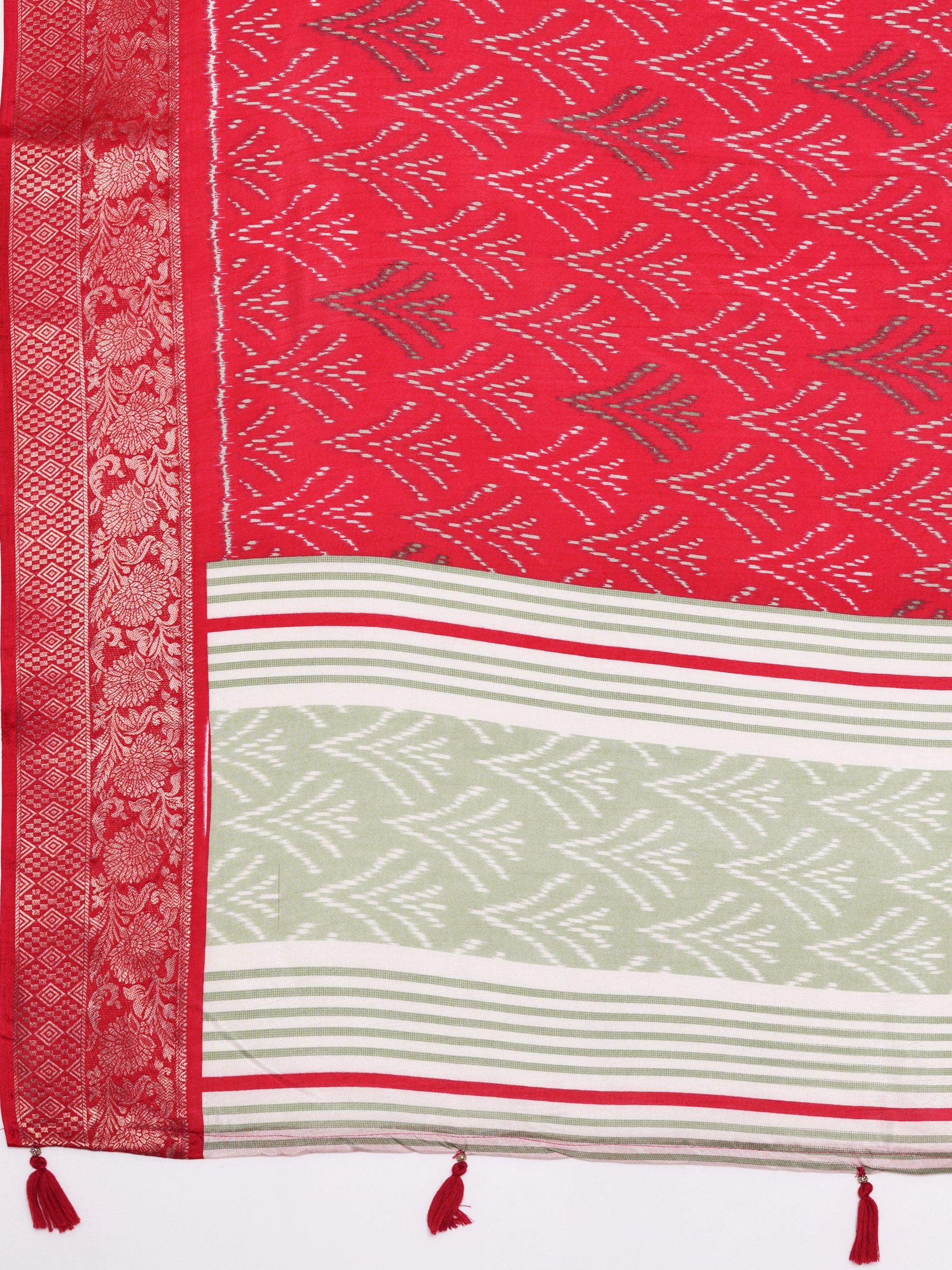 Pink Printed Silk Blend Saree With Unstitched Blouse Piece