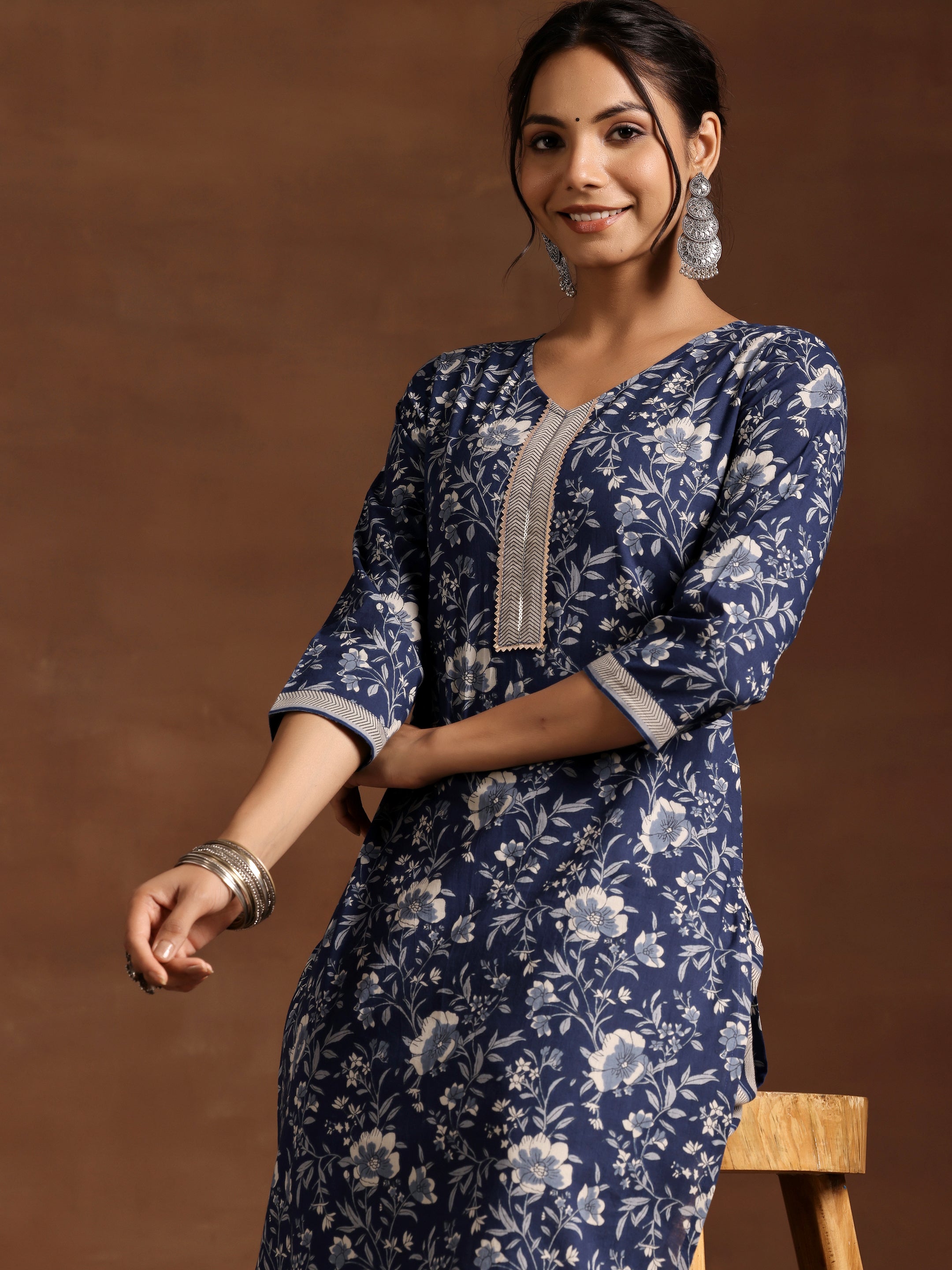 Blue Printed Cotton Straight Kurta Set