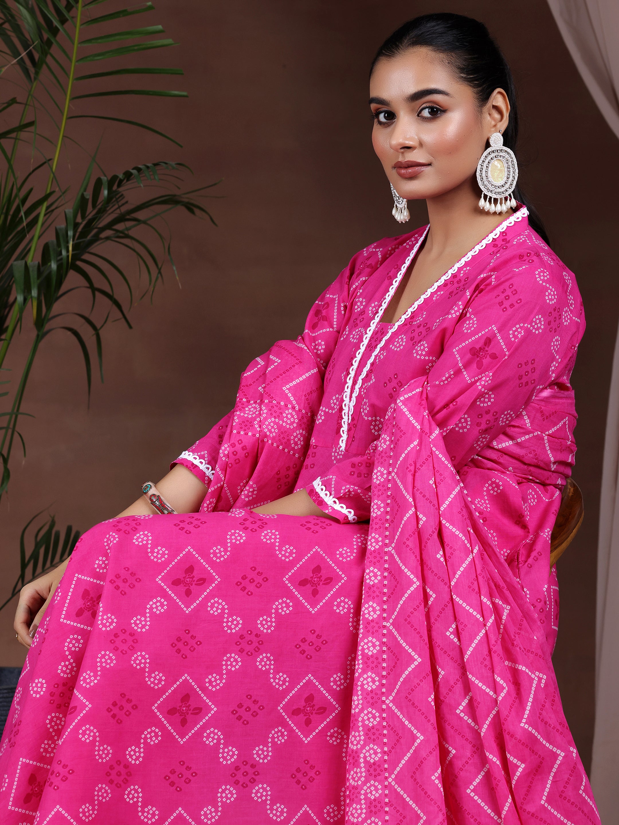 Pink Printed Cotton Anarkali Suit With Dupatta