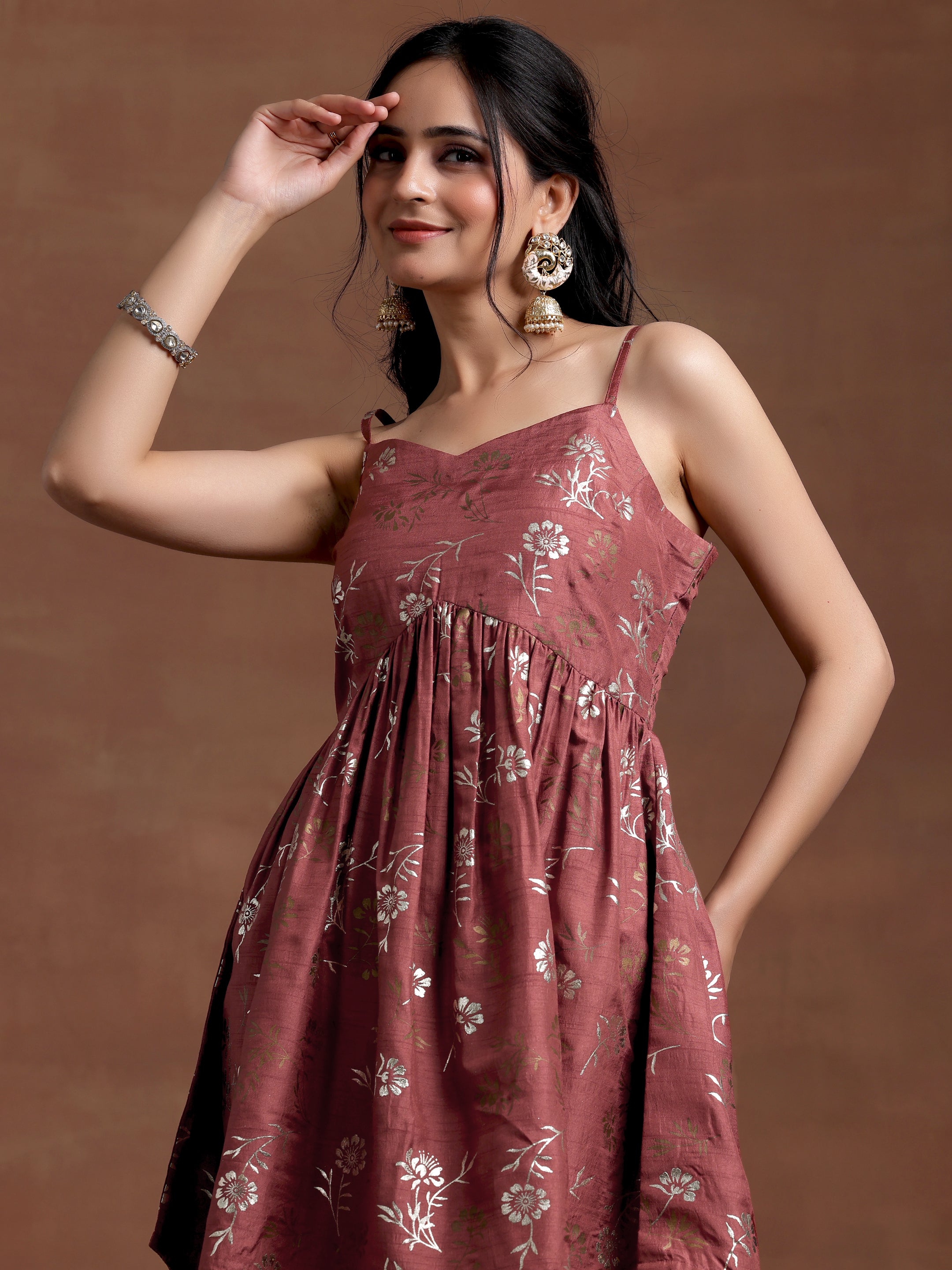 Brown Printed Silk Blend A-Line Kurta With Sharara