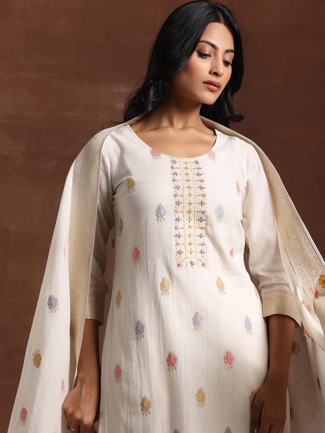 Off White Woven Design Cotton Straight Suit With Dupatta