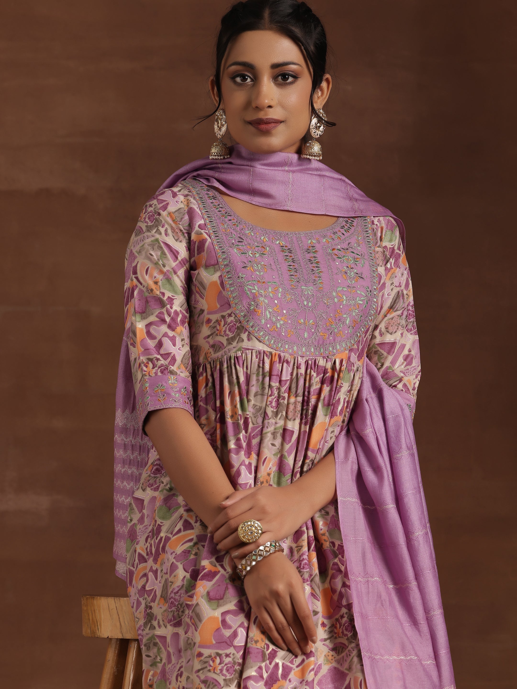 Purple Printed Silk Blend A-Line Kurta With Trousers & Dupatta