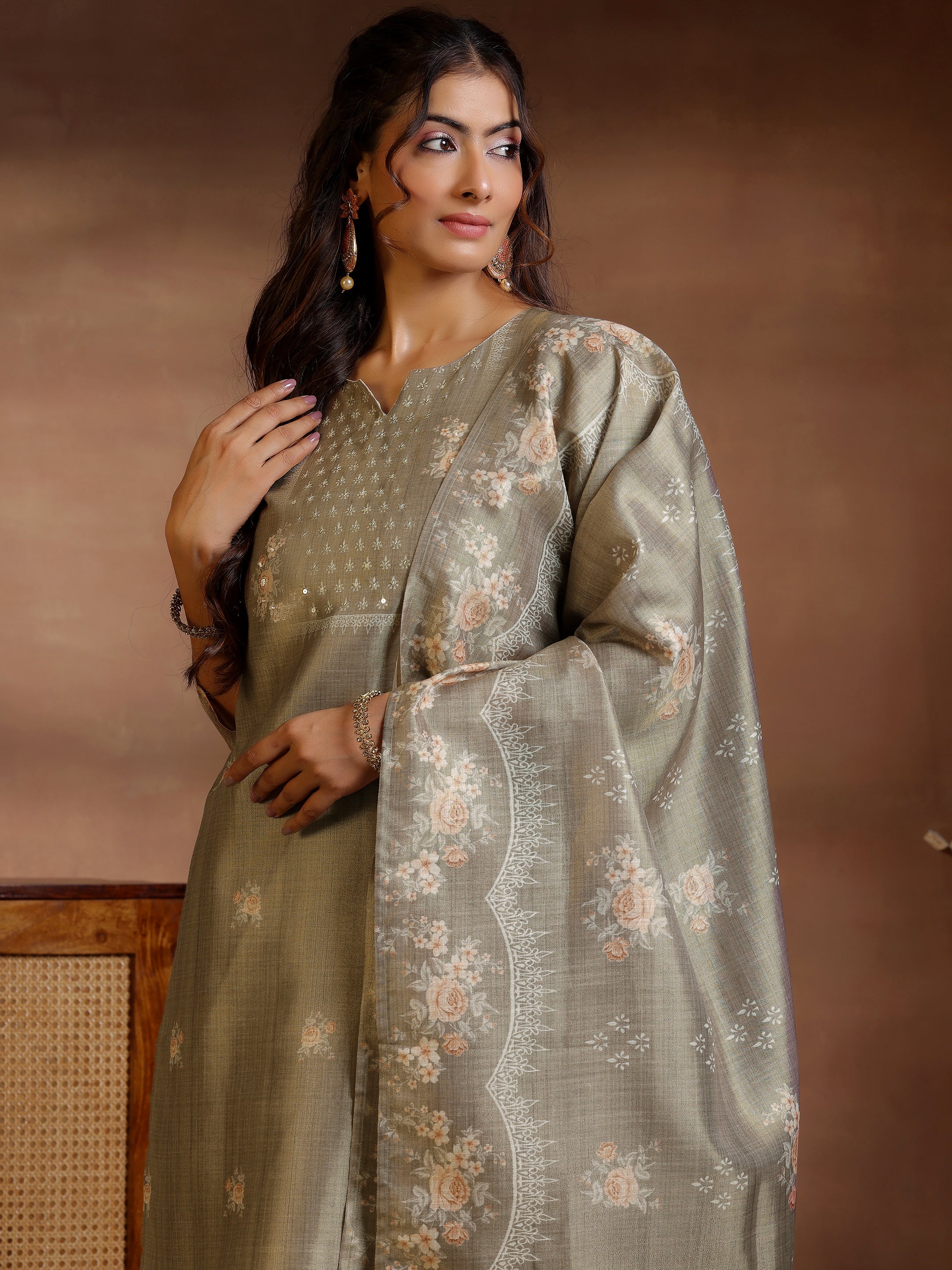 Brown Printed Silk Straight Suit With Dupatta