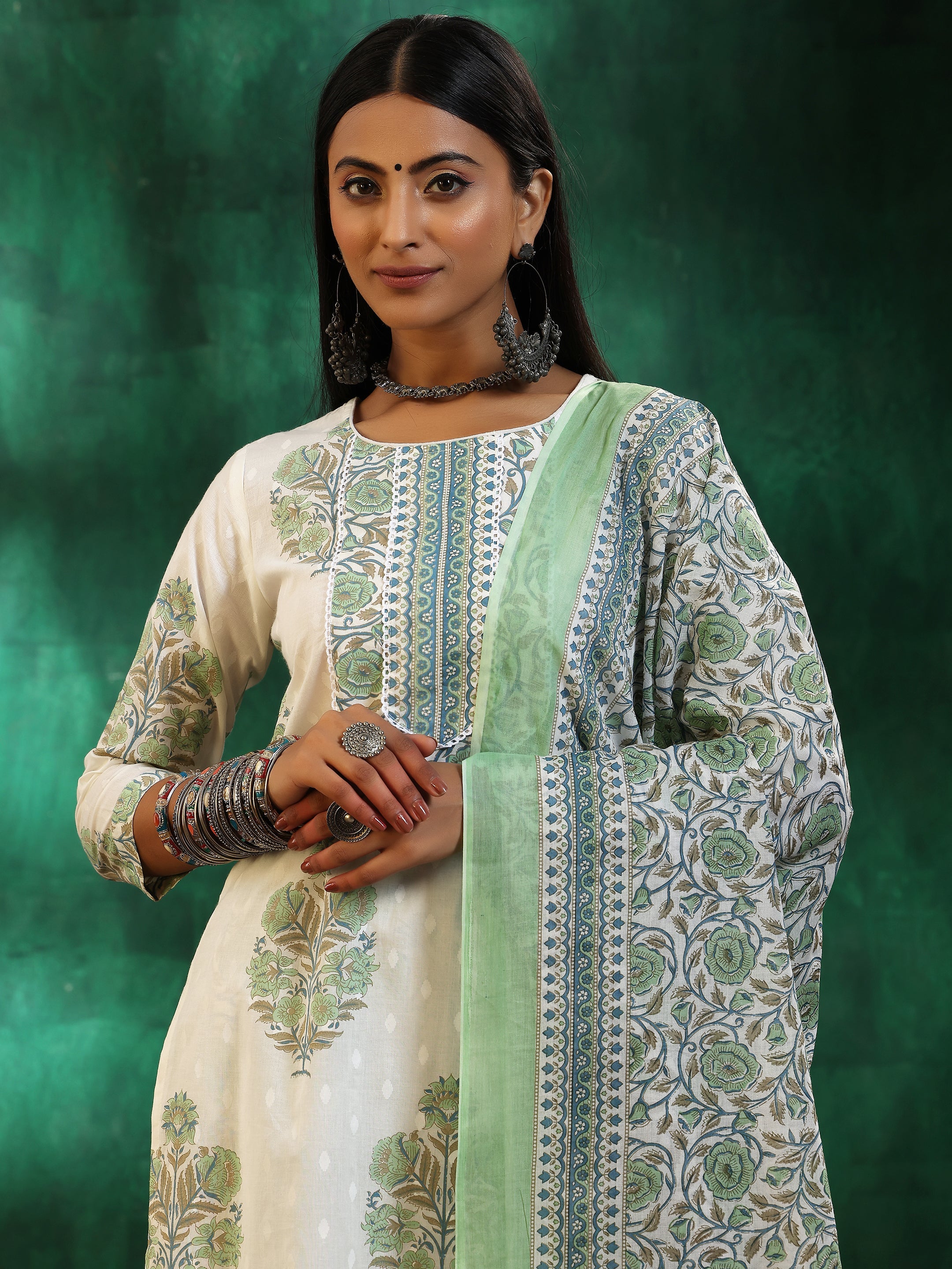 Off White Printed Cotton Straight Suit With Dupatta