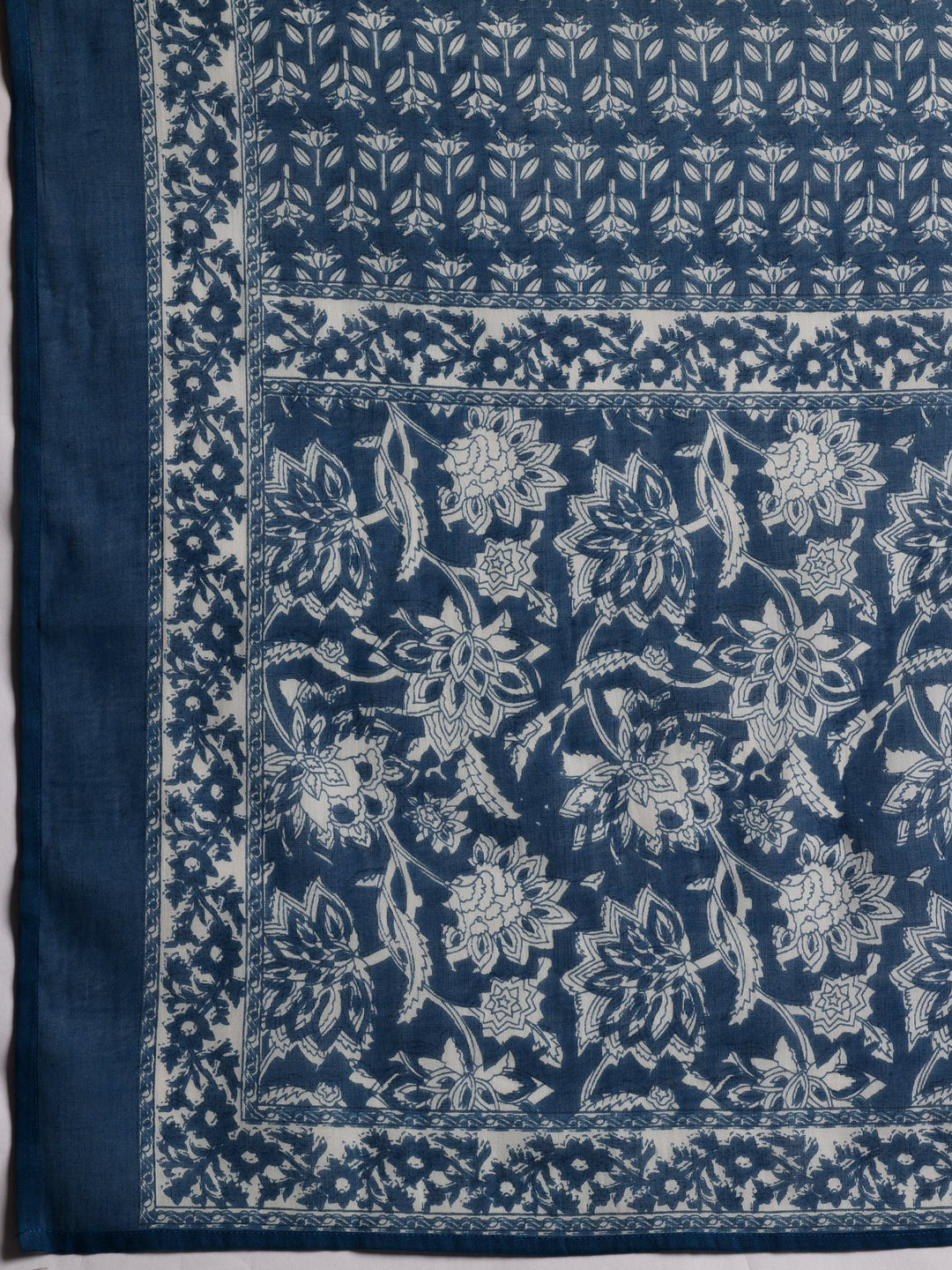 Blue Printed Cotton A-Line Kurta With Trousers & Dupatta - ShopLibas