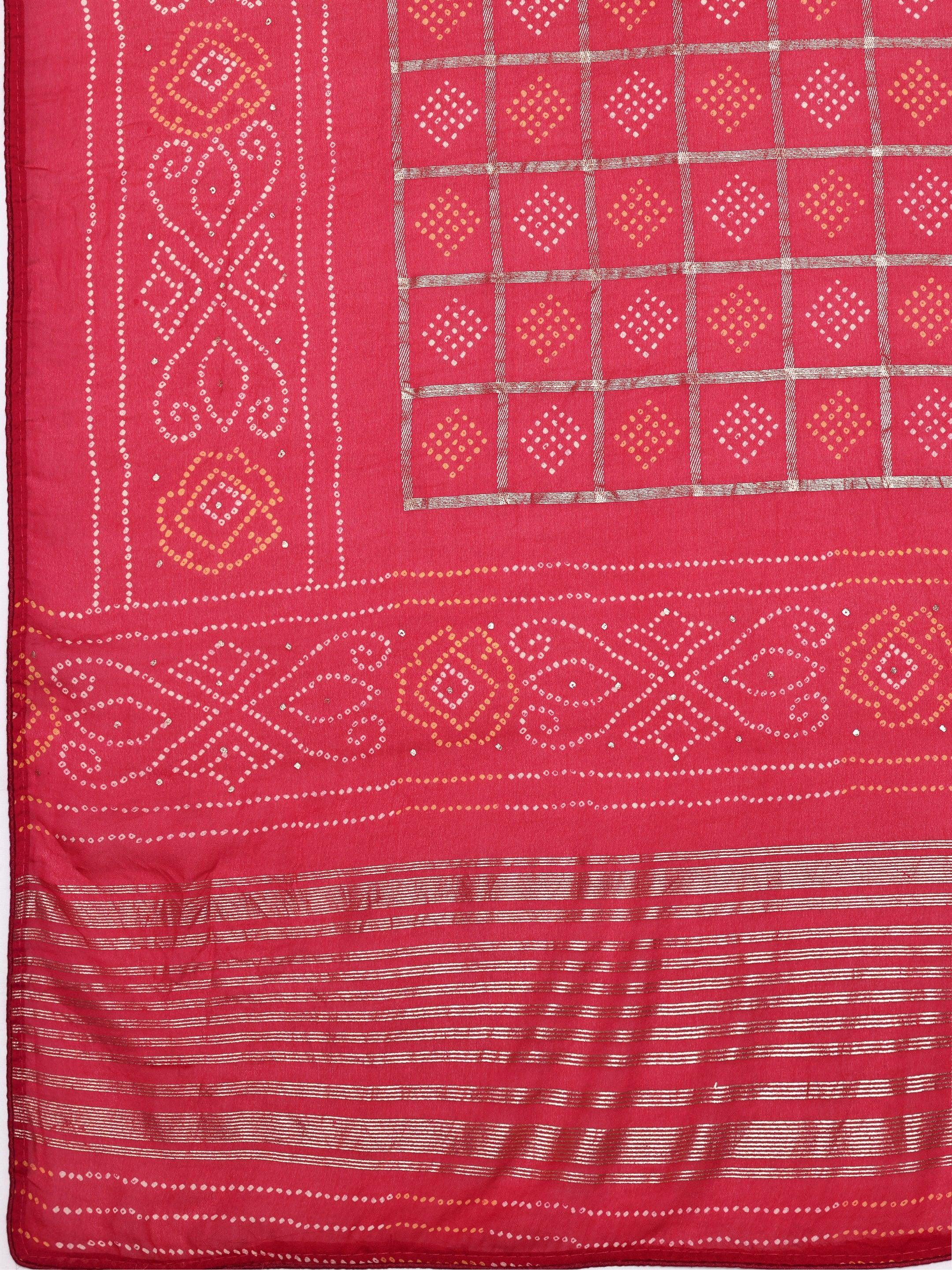 Pink Printed Poly Georgette Saree With Unstitched Blouse Piece