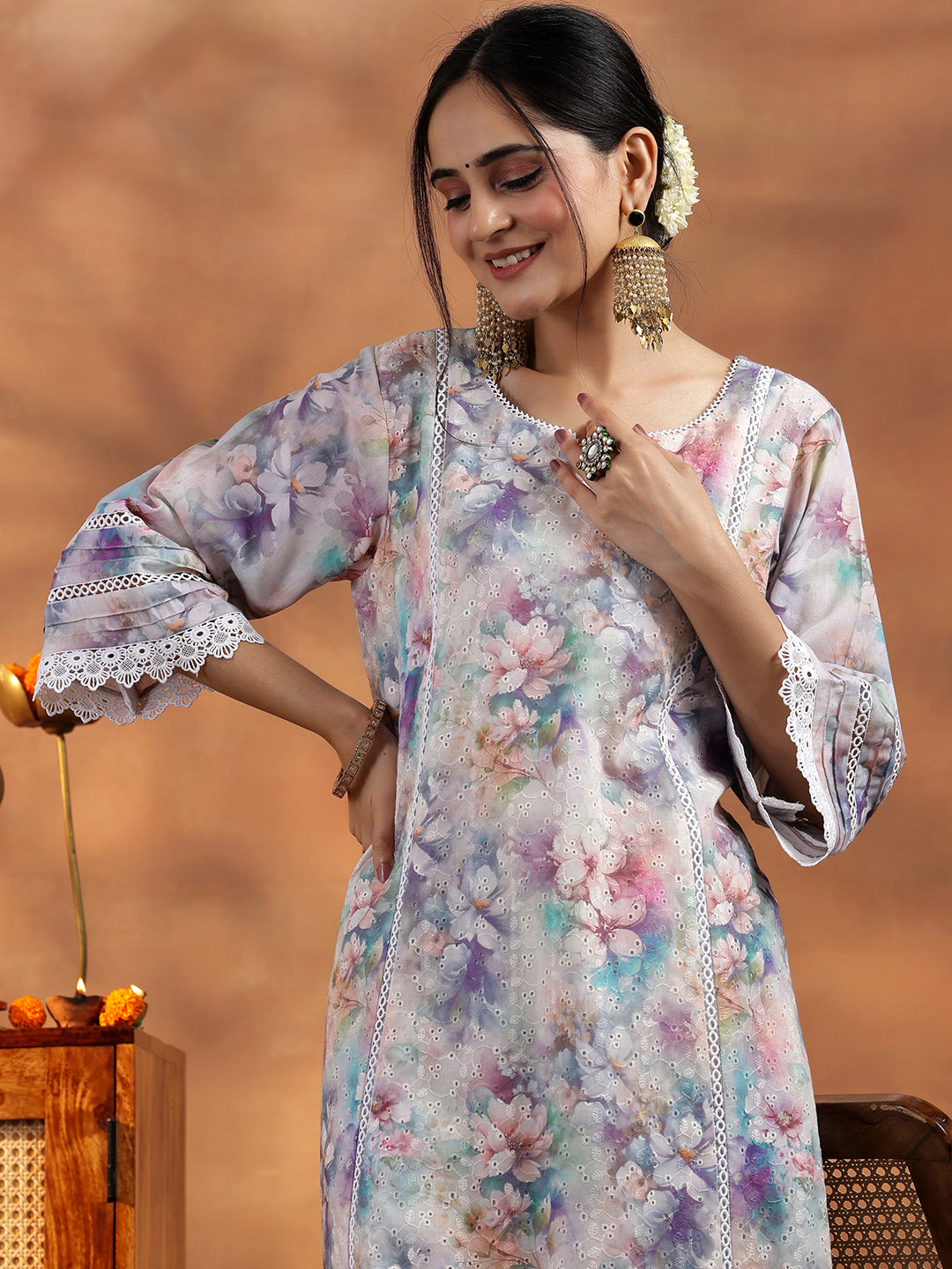 Multi Printed Cotton A-Line Kurta With Palazzos