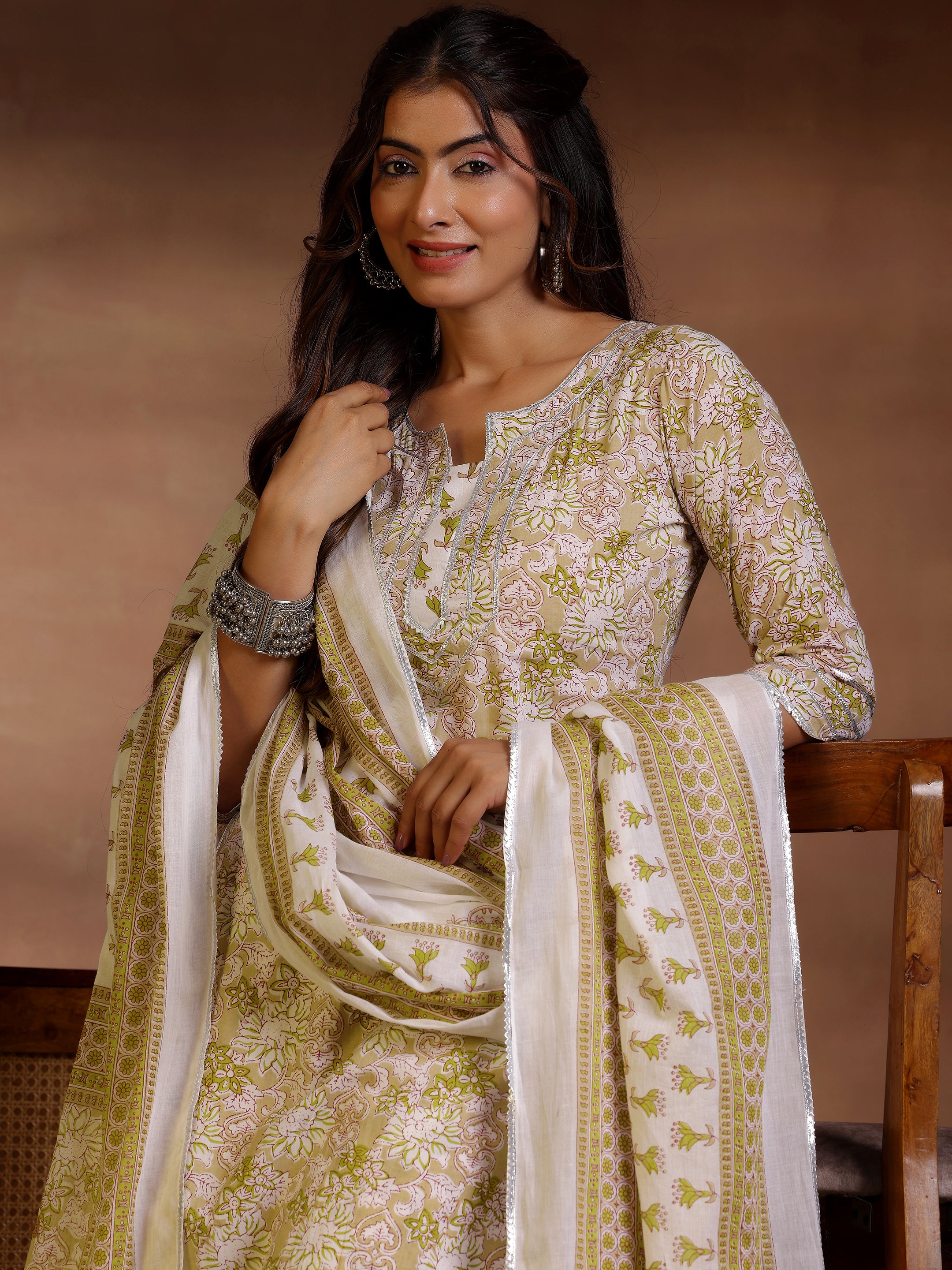 Beige Printed Cotton Straight Suit With Dupatta