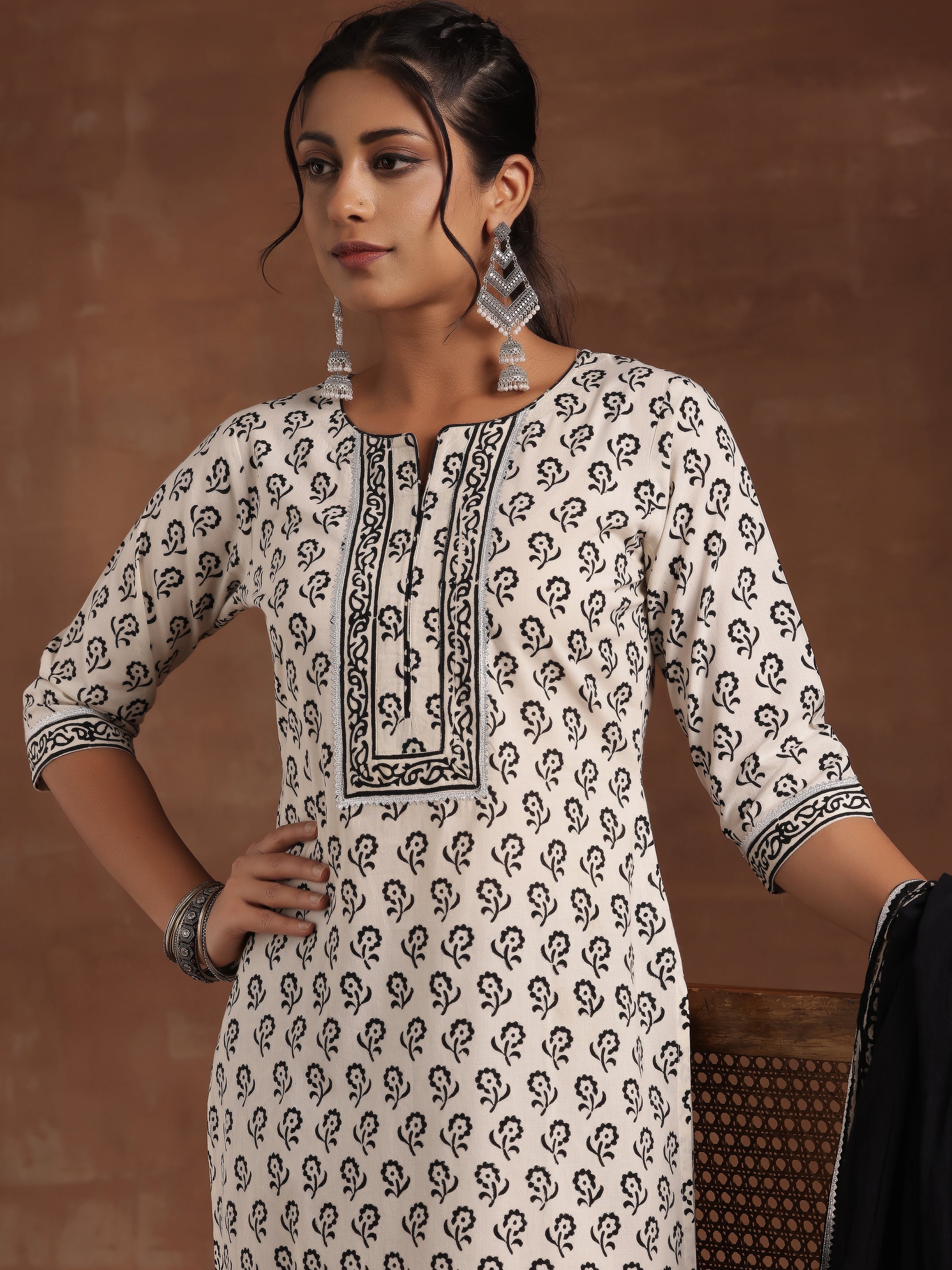 Monochrome Printed Cotton Straight Suit With Dupatta