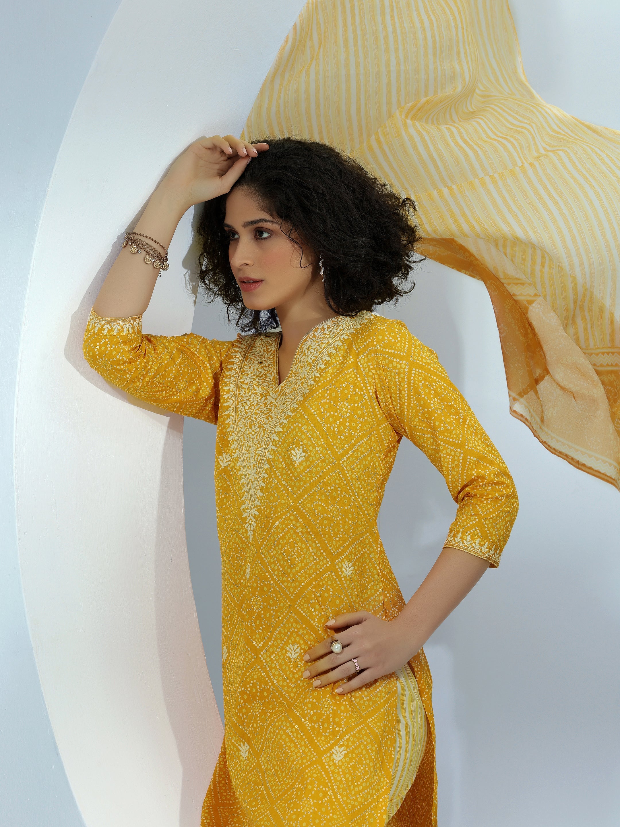 Mustard Printed Cotton Straight Suit With Dupatta