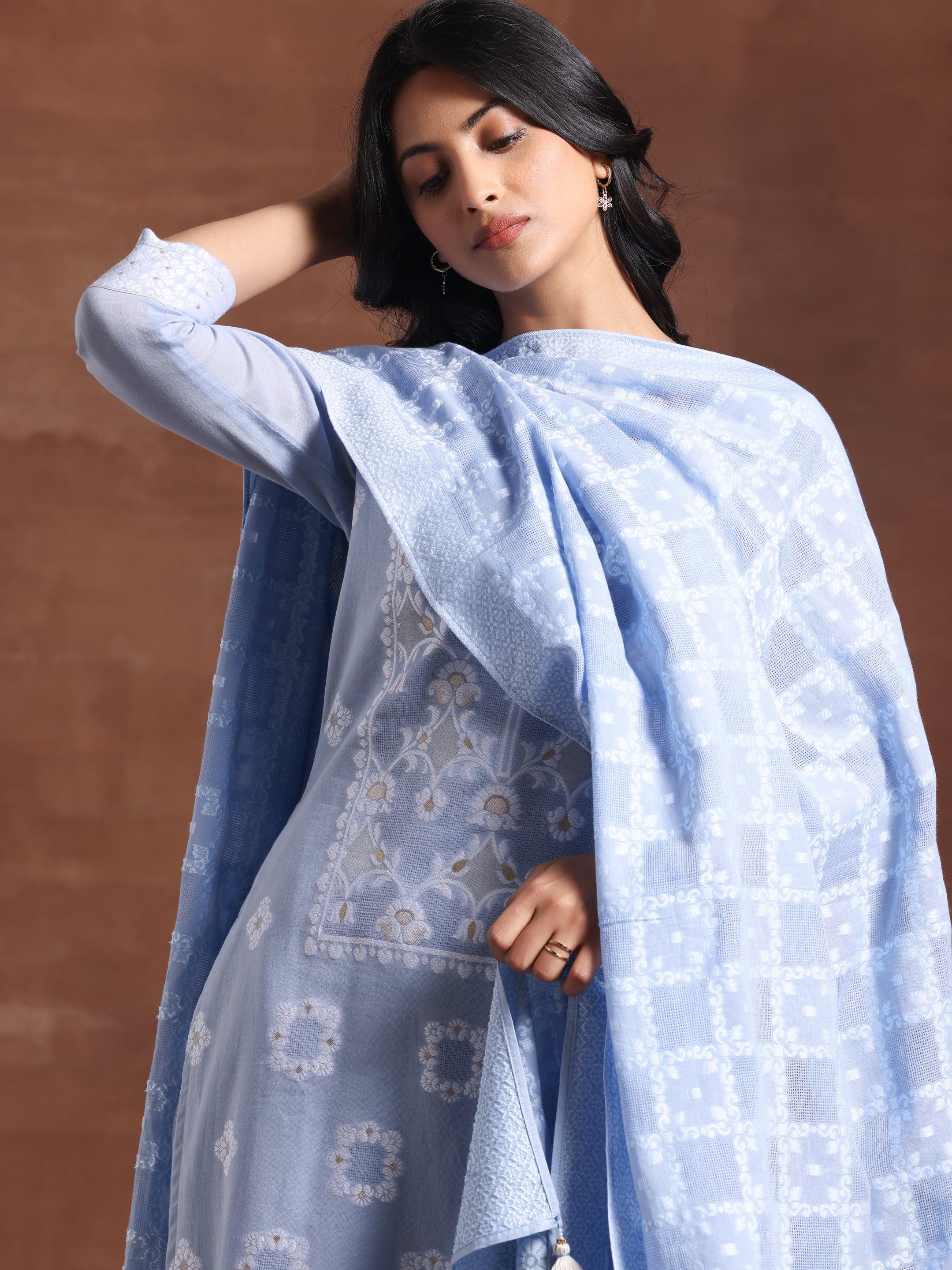 Blue Woven Design Cotton Straight Suit With Dupatta