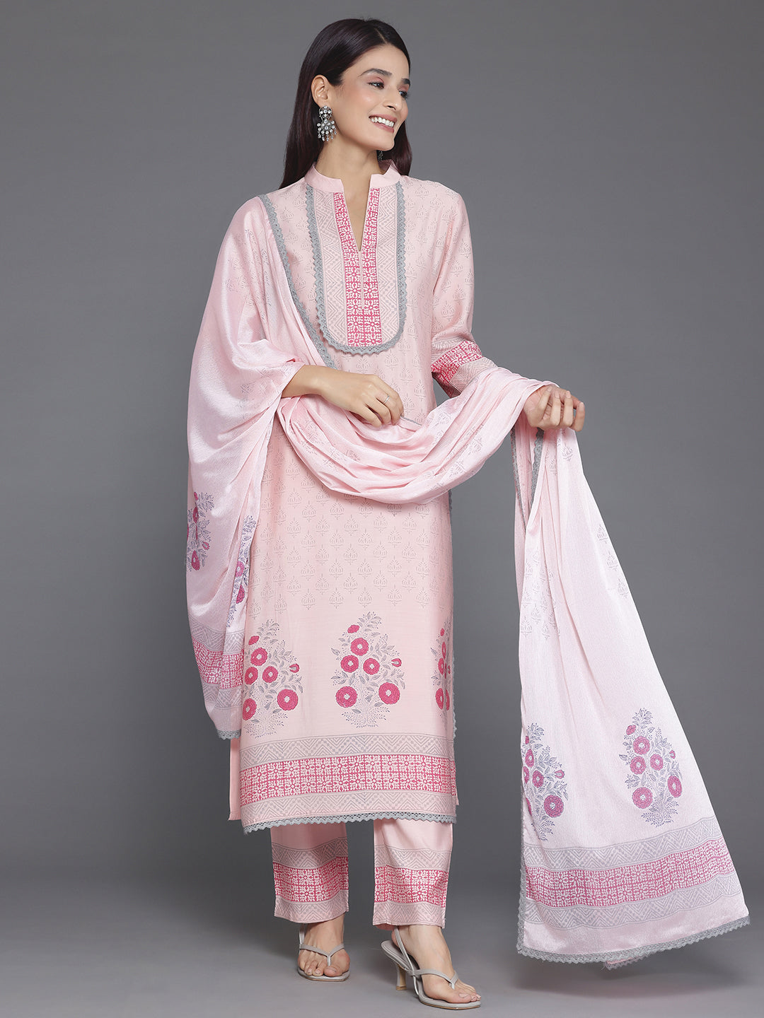 Peach Yoke Design Silk Blend Straight Suit With Dupatta