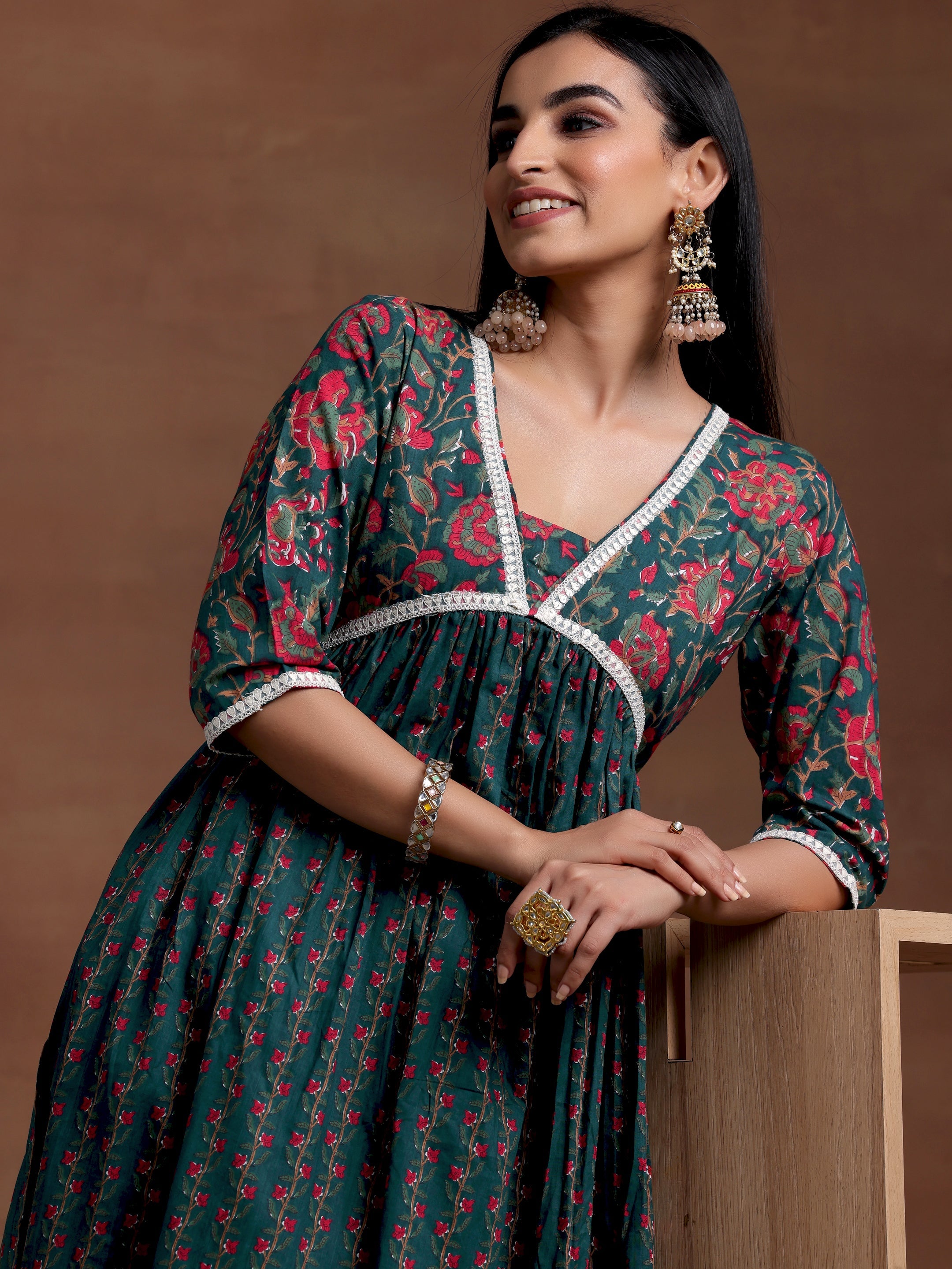 Blue Printed Cotton A-Line Kurta With Palazzos