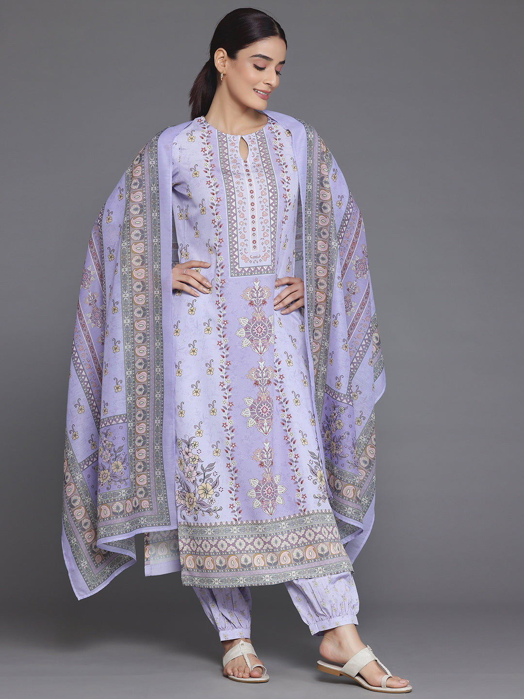 Purple Printed Poly Crepe Straight Suit With Dupatta