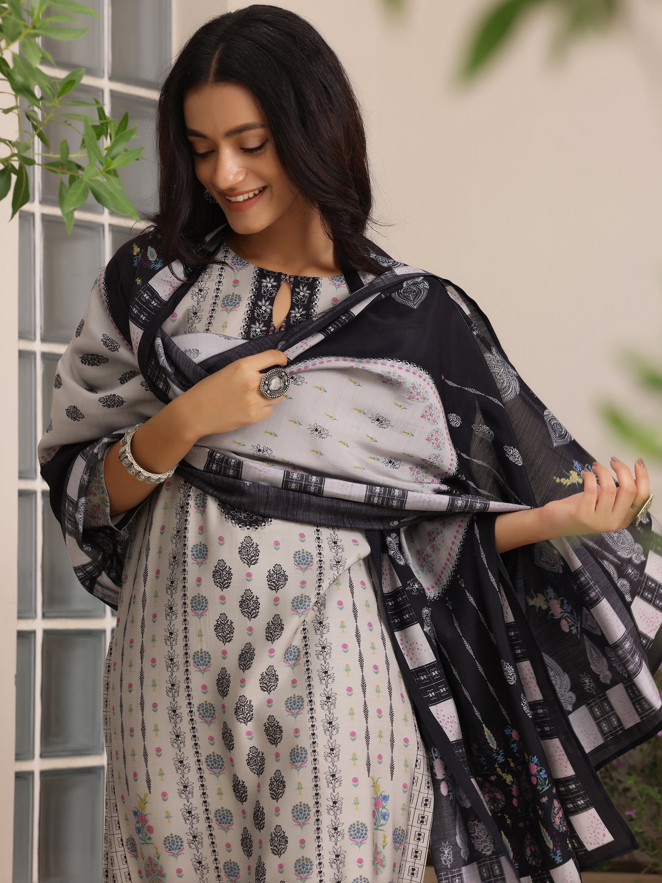 Grey Printed Silk Blend Straight Suit With Dupatta