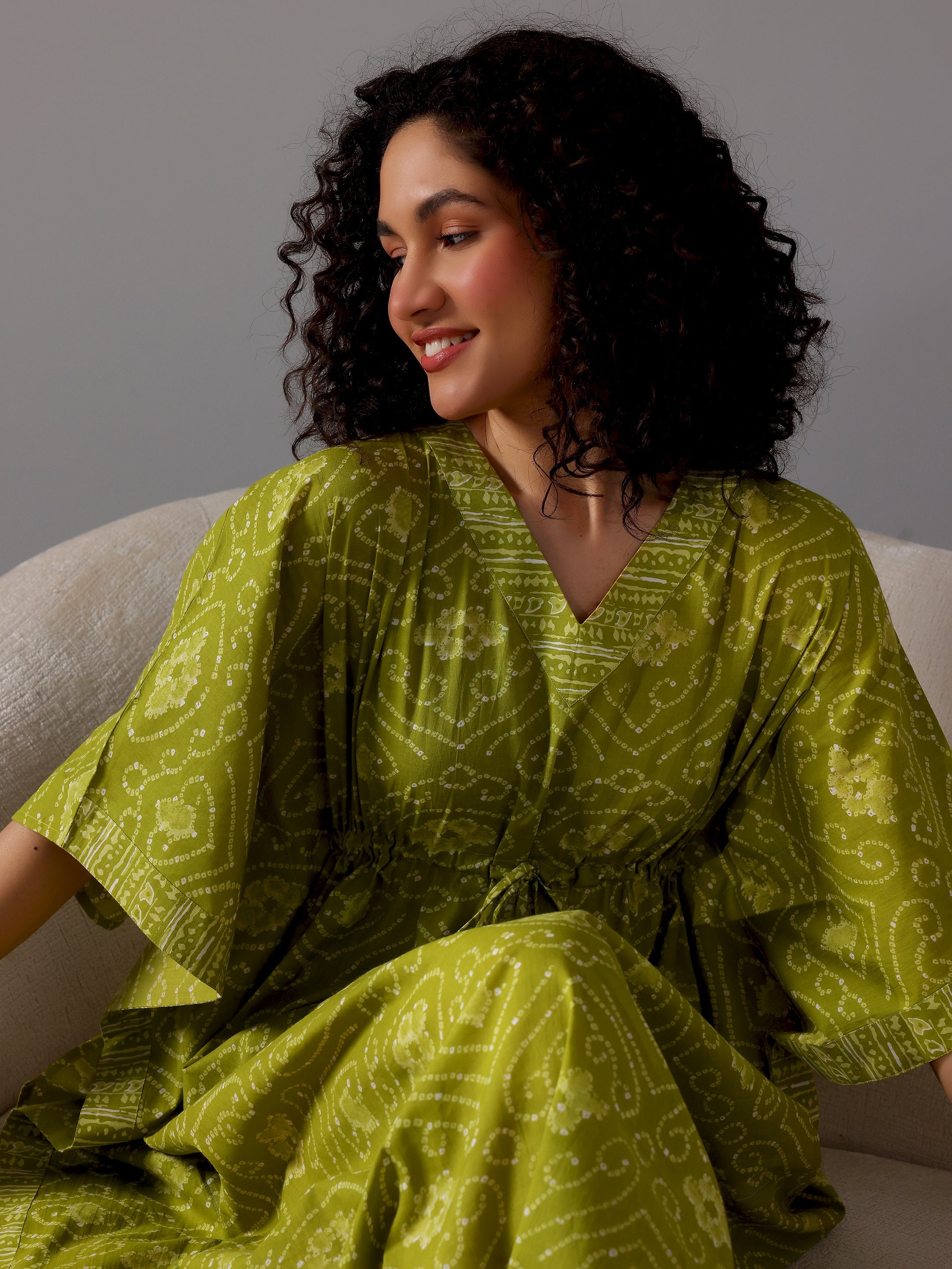 Green Printed Cotton Kaftan Night Dress