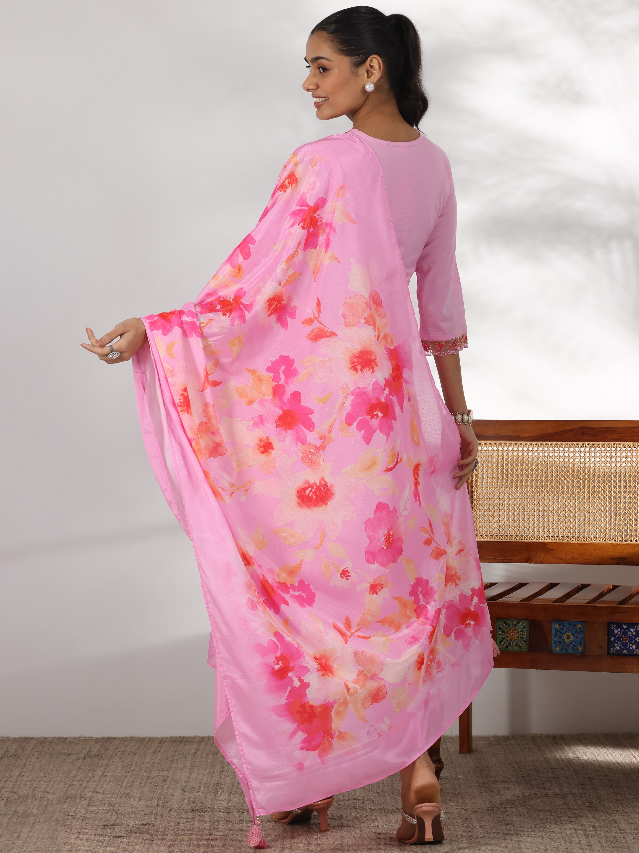 Pink Embroidered Cotton Straight Suit With Dupatta