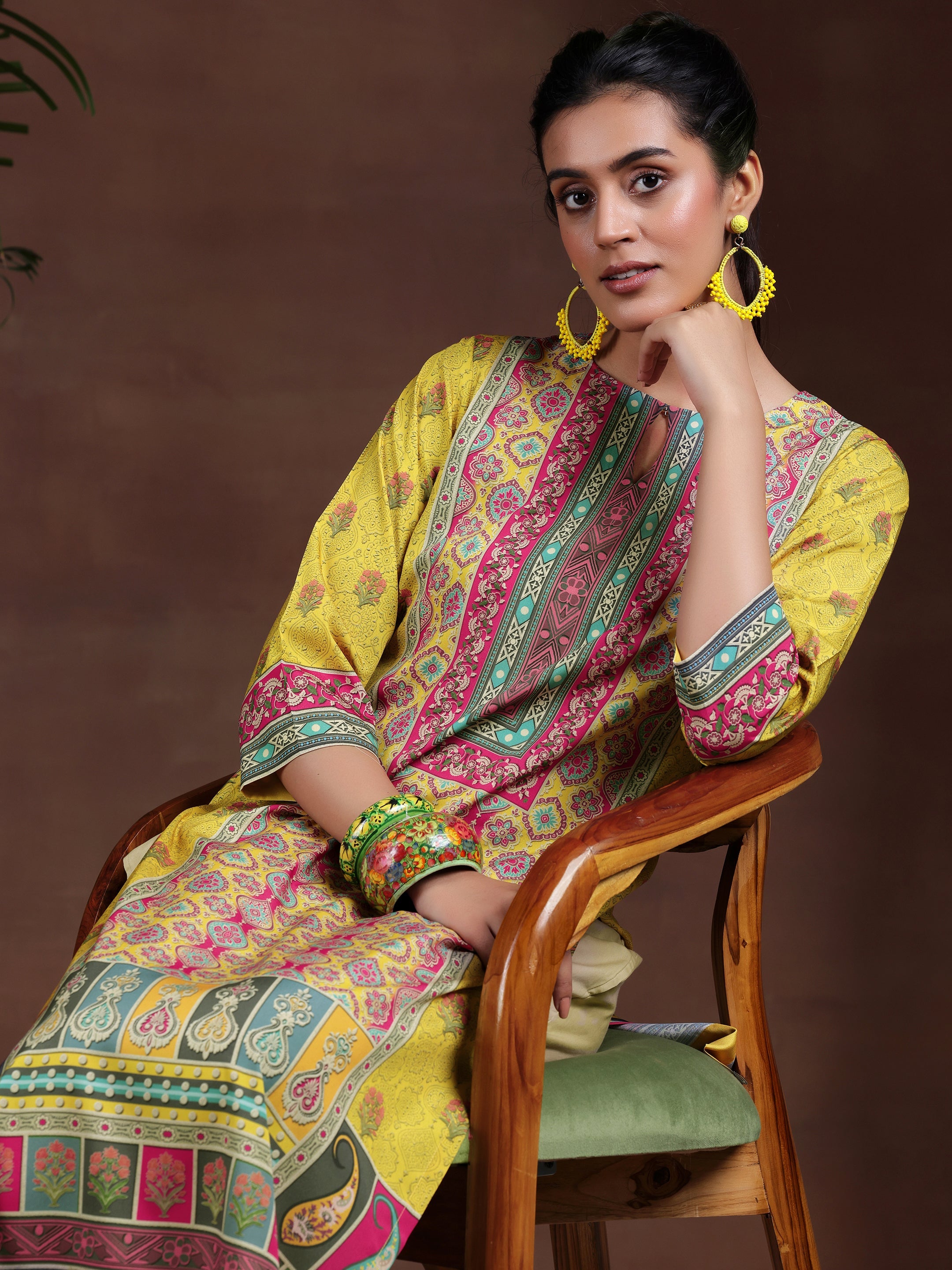 Mustard Printed Crepe Straight Kurta