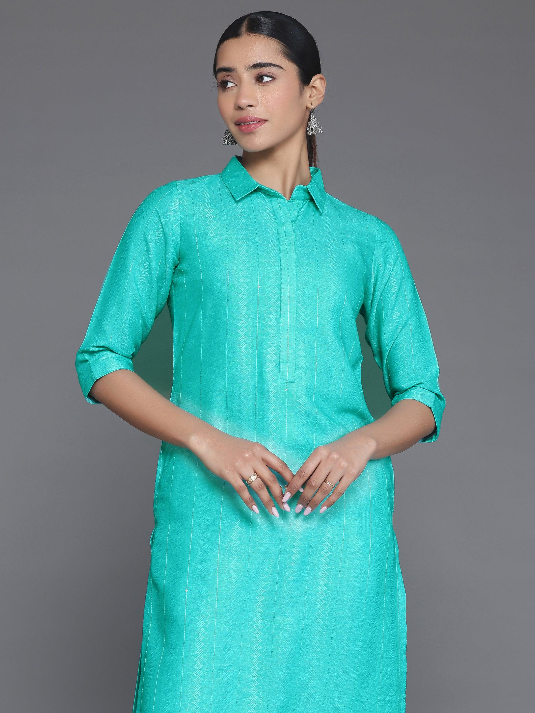 Blue Woven Design Cotton Straight Kurta