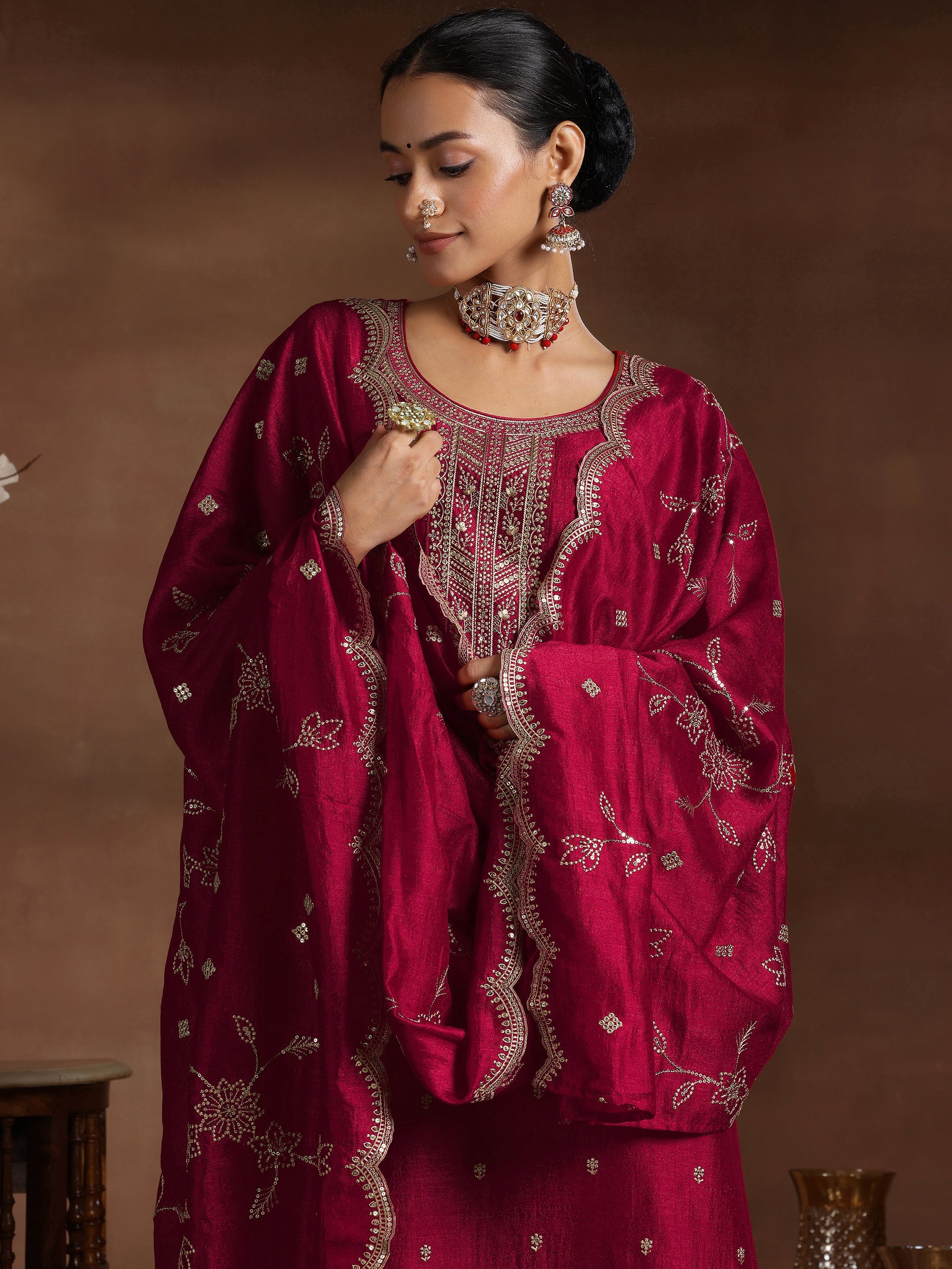 Red Embroidered Silk Blend Straight Suit With Dupatta