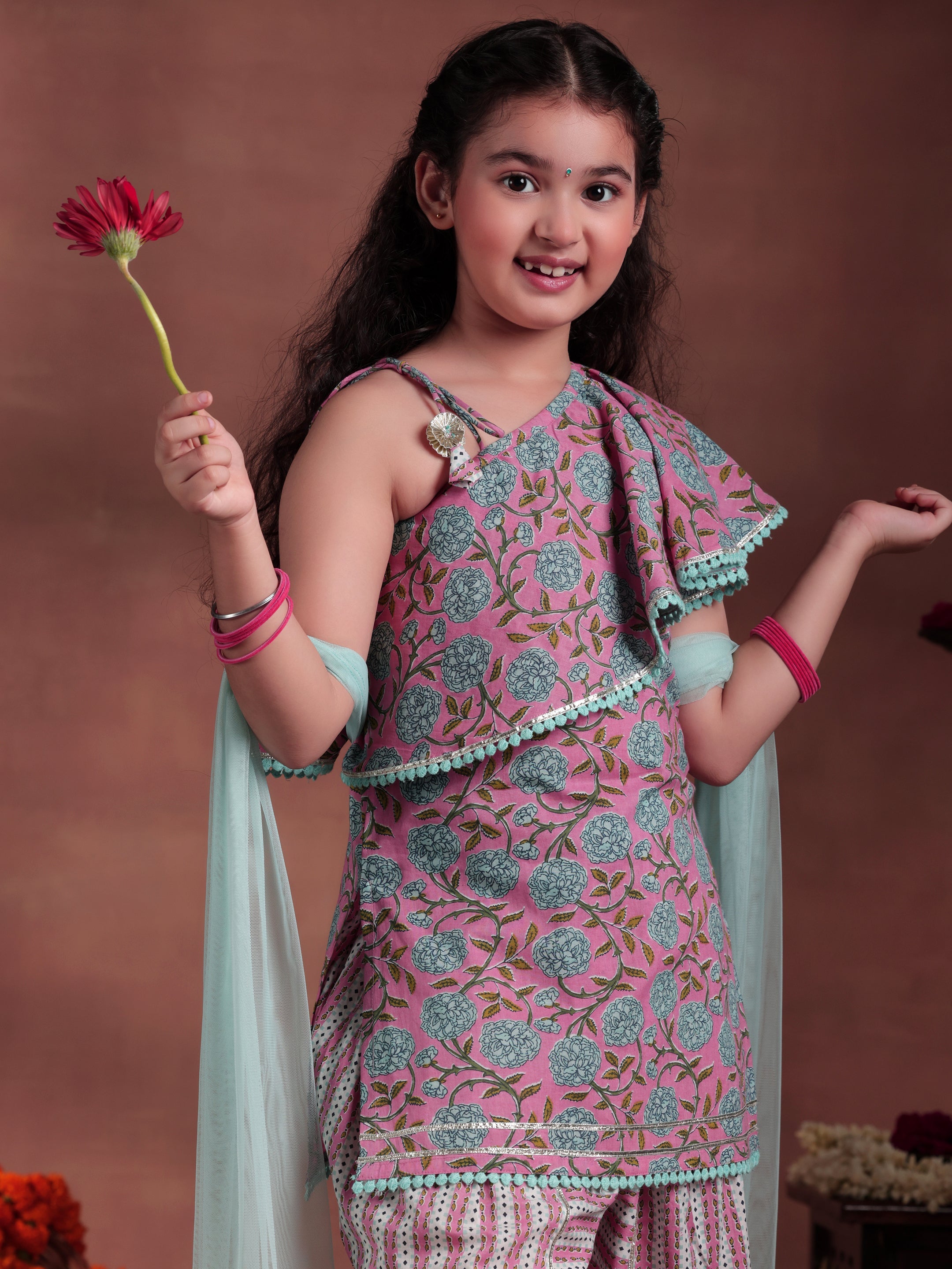 Kids Pink Printed Cotton Straight Kurta With Dhoti Pants