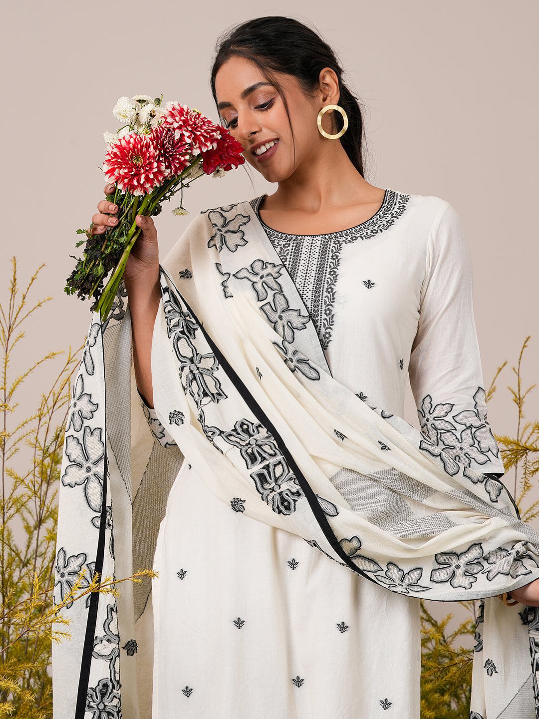 Off White Woven Design Cotton Straight Suit With Dupatta