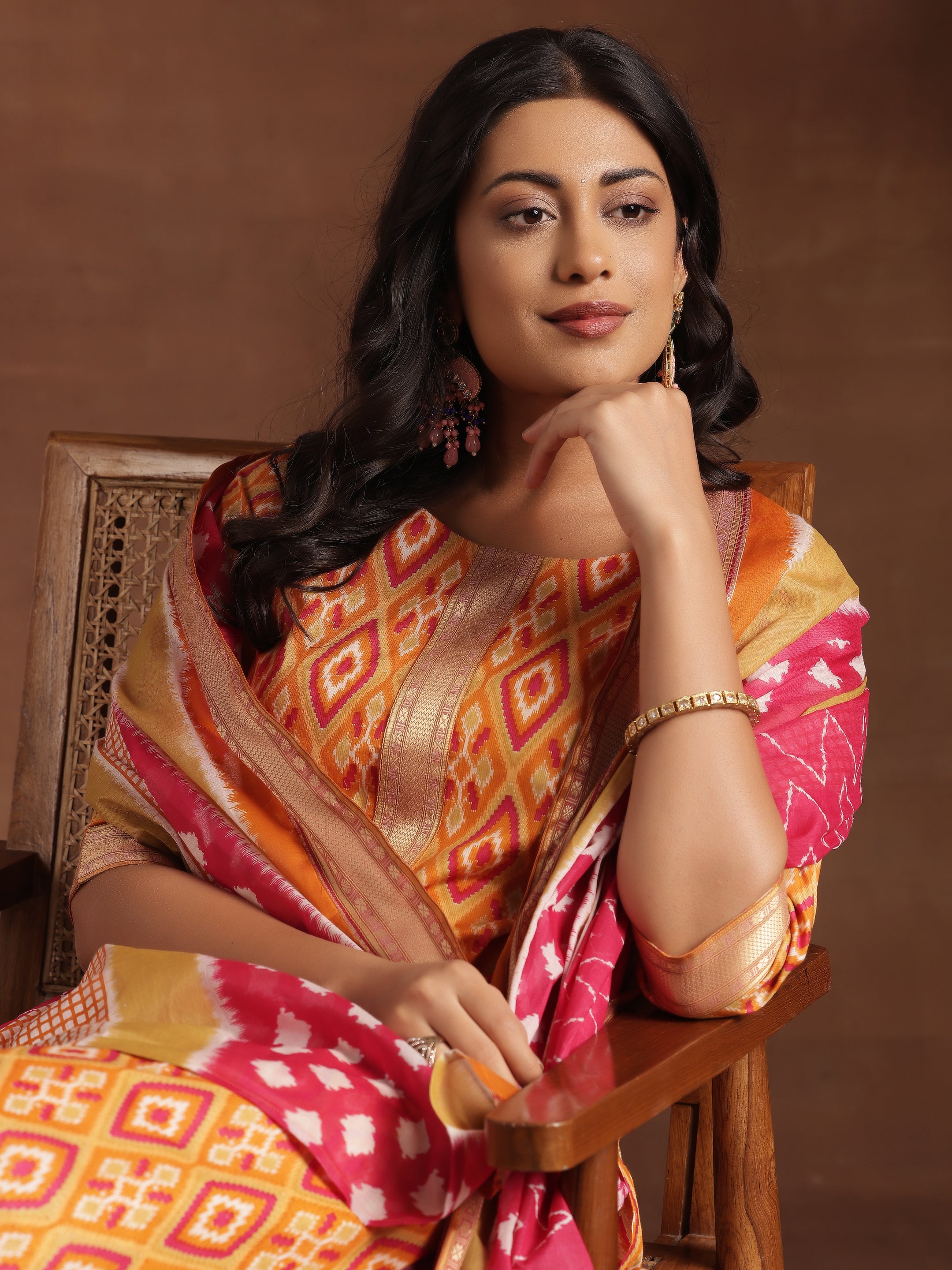 Orange Printed Cotton Straight Suit With Dupatta