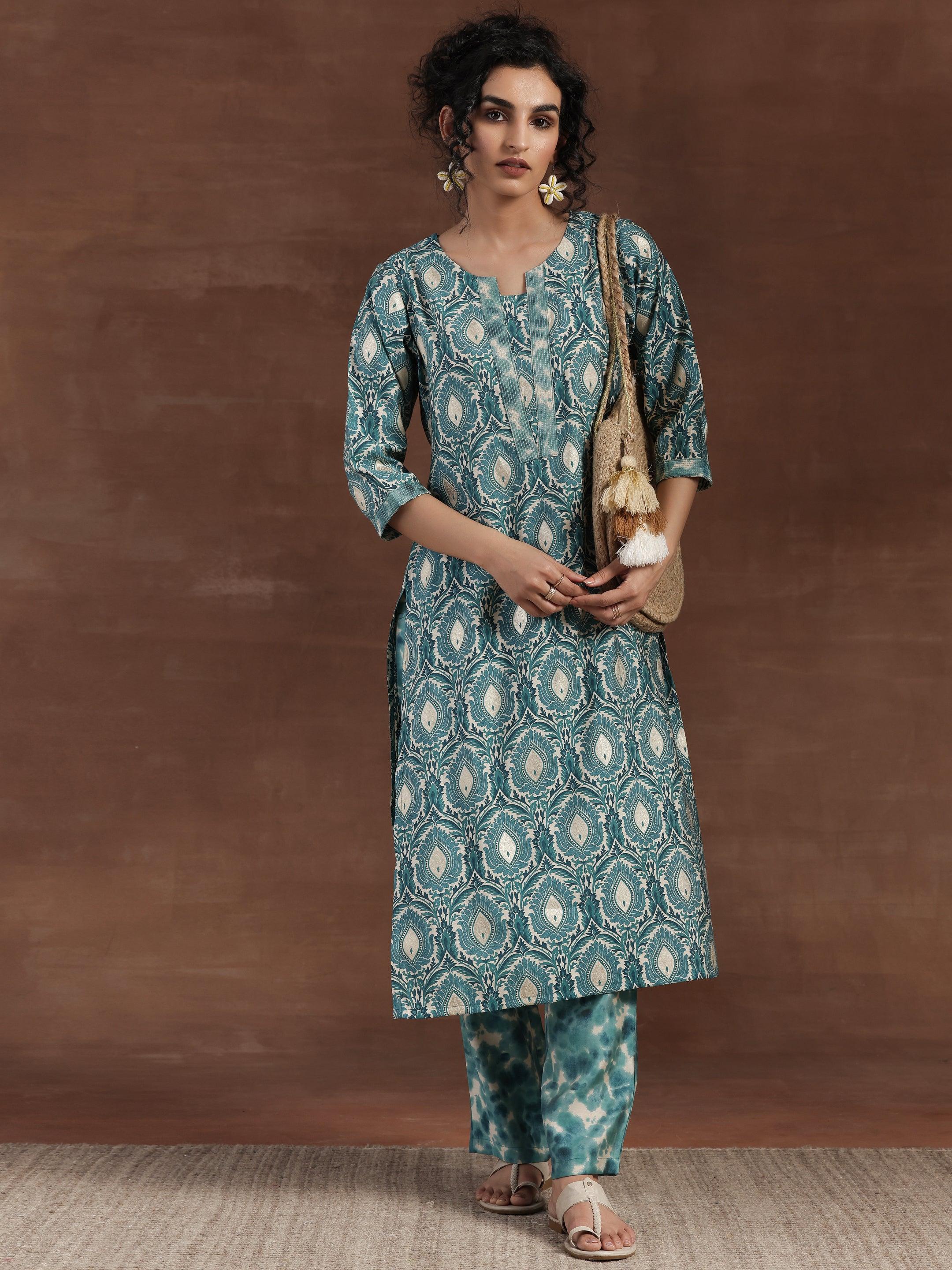 Blue Printed Silk Blend Straight Kurta Set