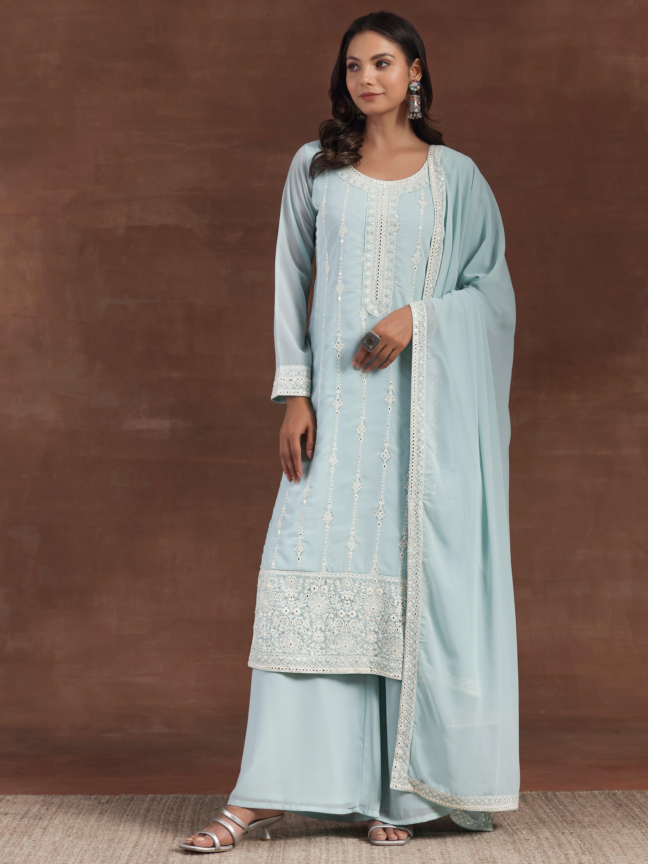 Blue Embroidered Georgette Straight Suit With Dupatta