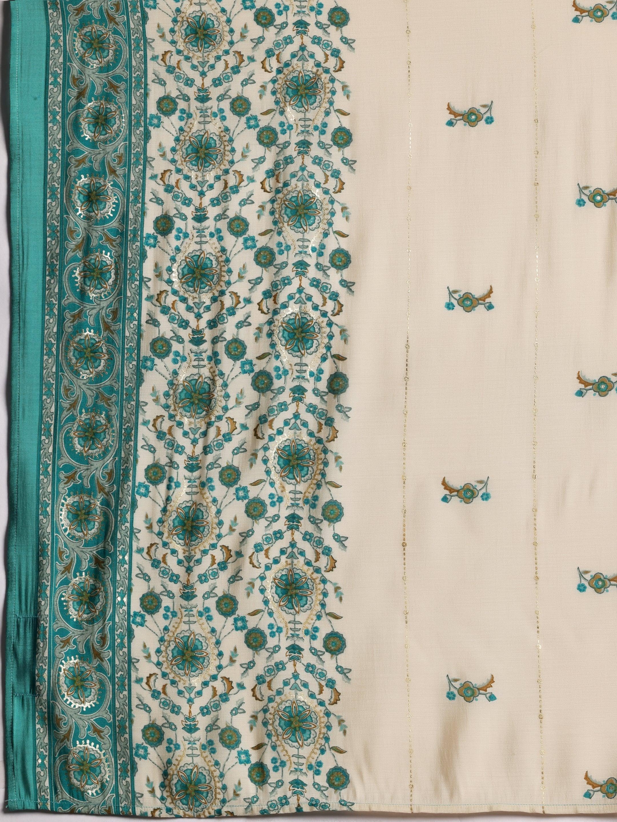 Blue Printed Silk Blend Straight Suit With Dupatta