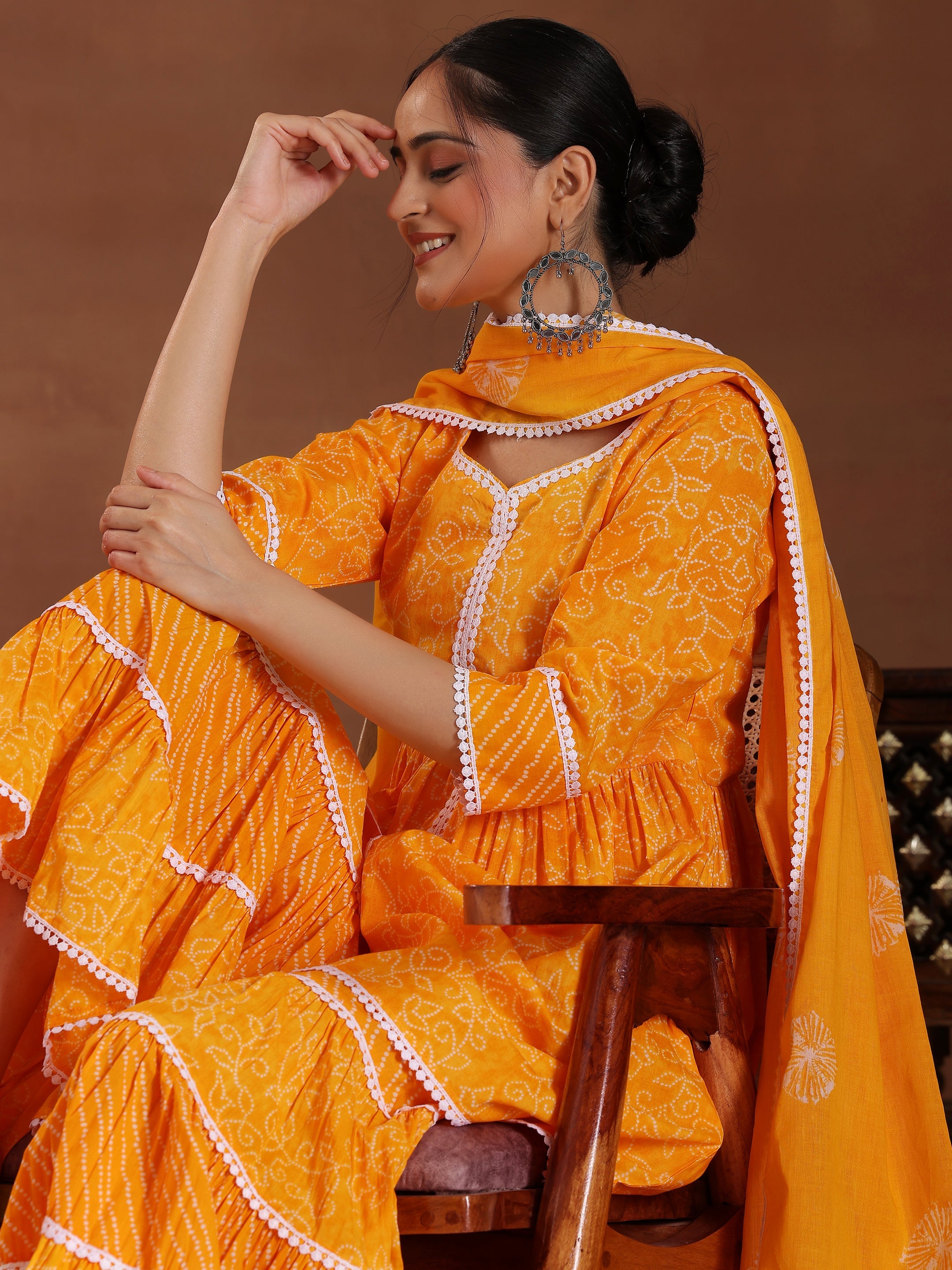 Mustard Printed Pure Cotton A-Line Kurti With Sharara & Dupatta