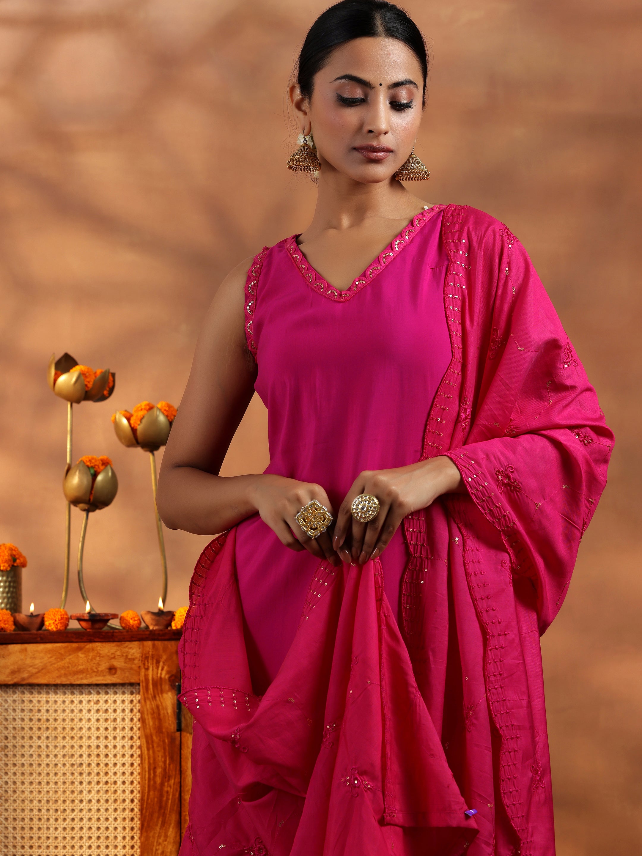 Pink Solid Silk Blend Straight Suit With Dupatta