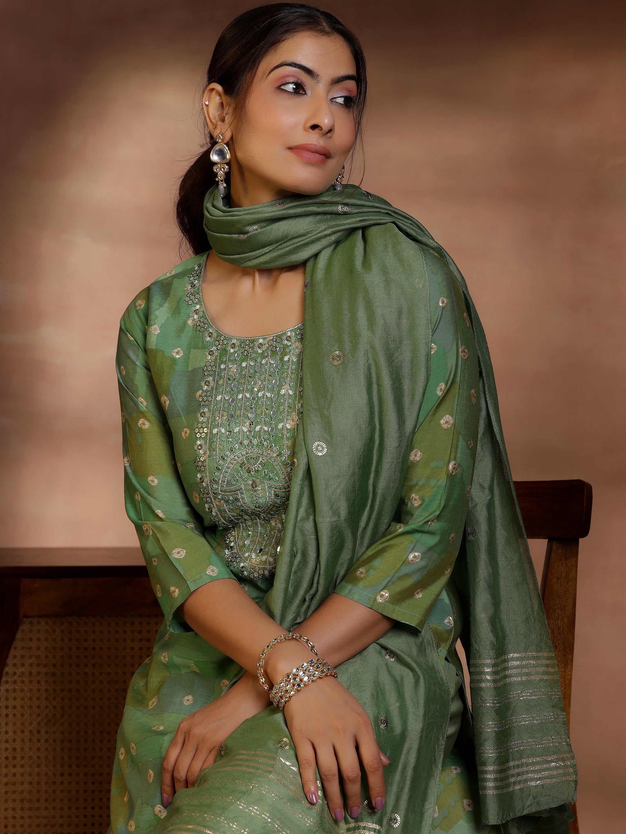 Green Printed Silk blend Straight Suit With Dupatta